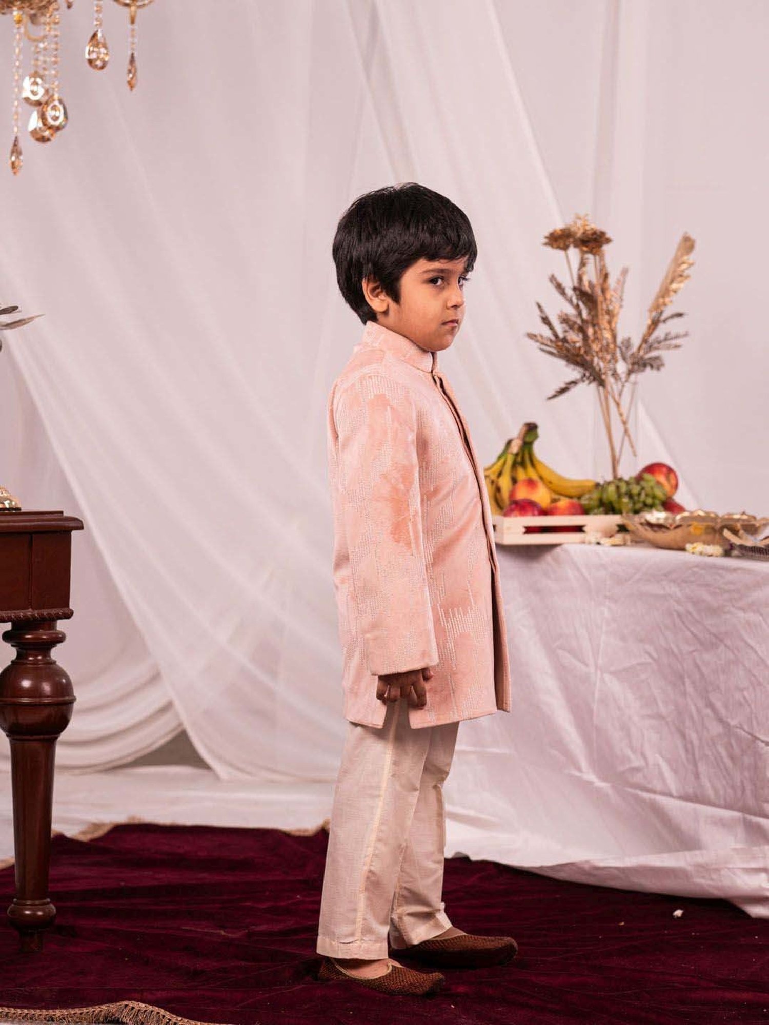 VASTRAMAY Boys Peach & Cream Embroidery Full Sleeves Indowestern Sets