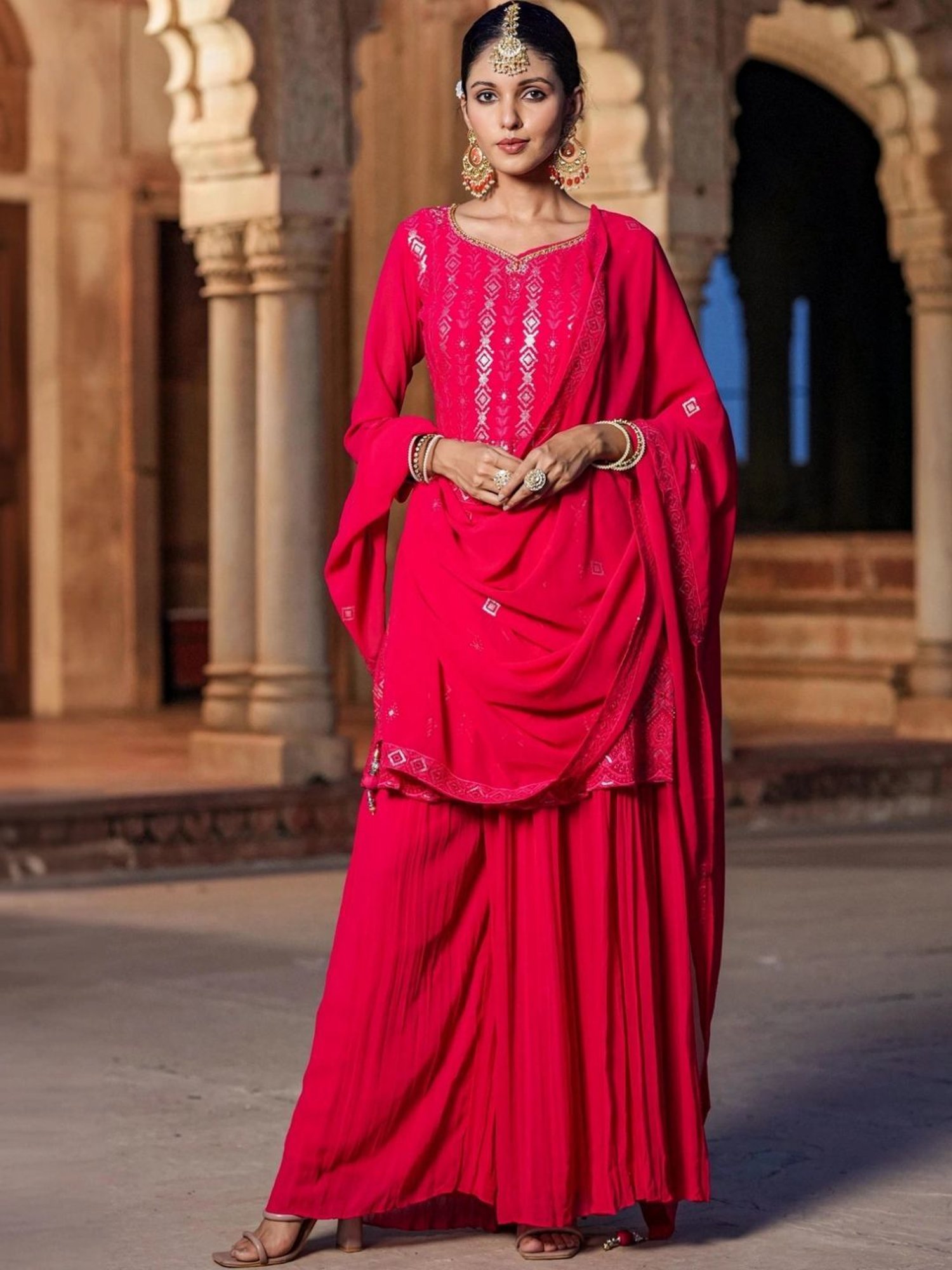 Scakhi Red Georgette Sequin Embroidered Suit Set Tunic With Palazzo And Dupatta