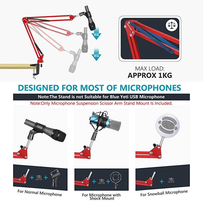 Adjustable Microphone Suspension Boom Scissor Arm Stand Max Load 1 KG Compact Mic Stand for Radio Broadcasting Studio VoiceOver Sound Studio Stages and TV StationsRed