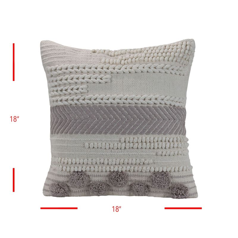 Striped Hand Woven 18x18" Decorative Cotton Throw Pillow with Hand Braided Accents and Pom Poms - Foreside Home & Garden