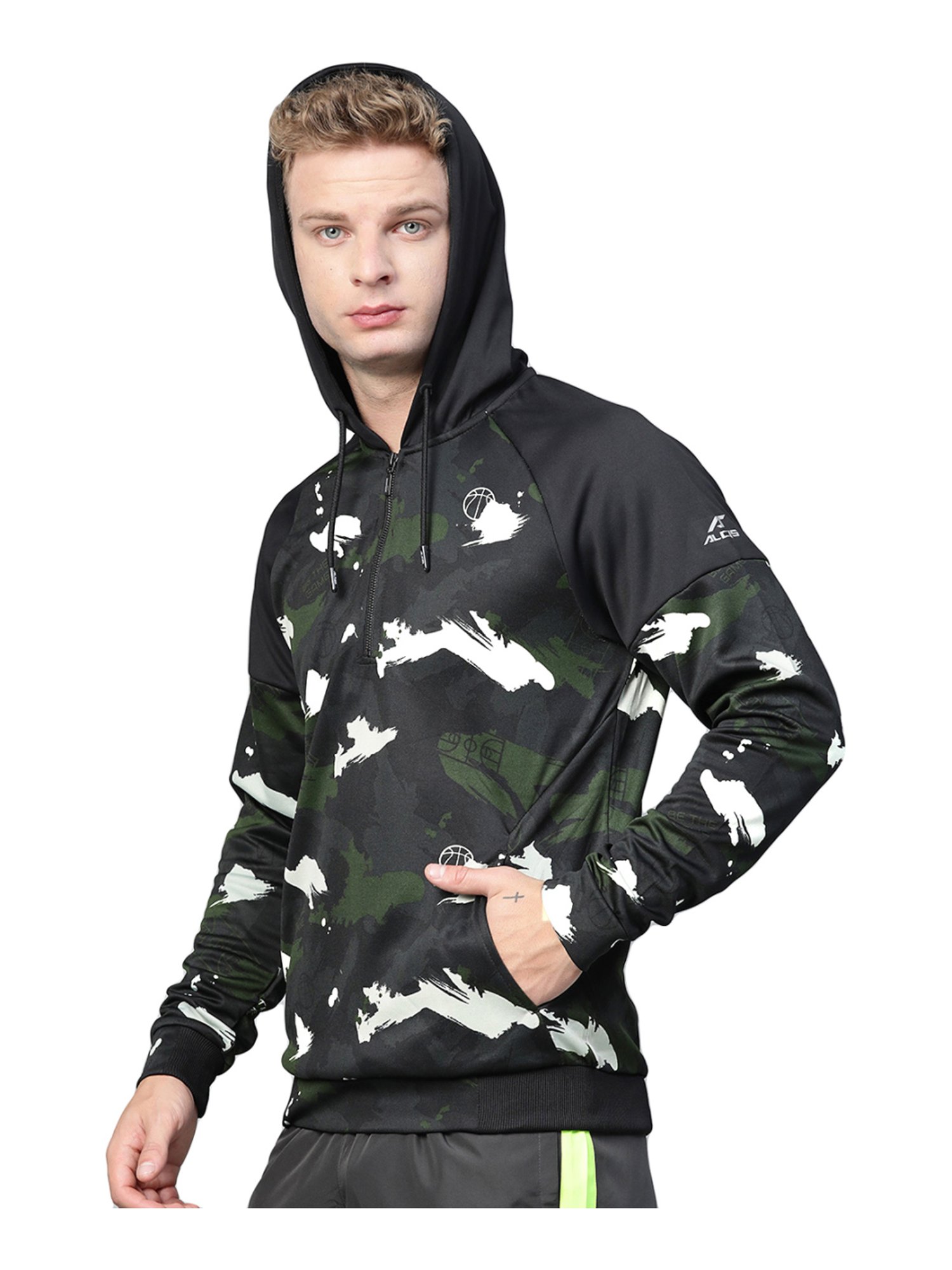 ALCIS Green & Black Regular Fit Camouflage Hooded Sweatshirt