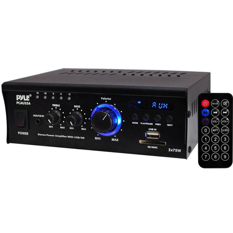 Pyle PCAU35A 2 Channel 75 Watt Home Theater Stereo Power Amplifier Receiver with 3.5 Millimeter AUX, RCA, USB and SD Inputs