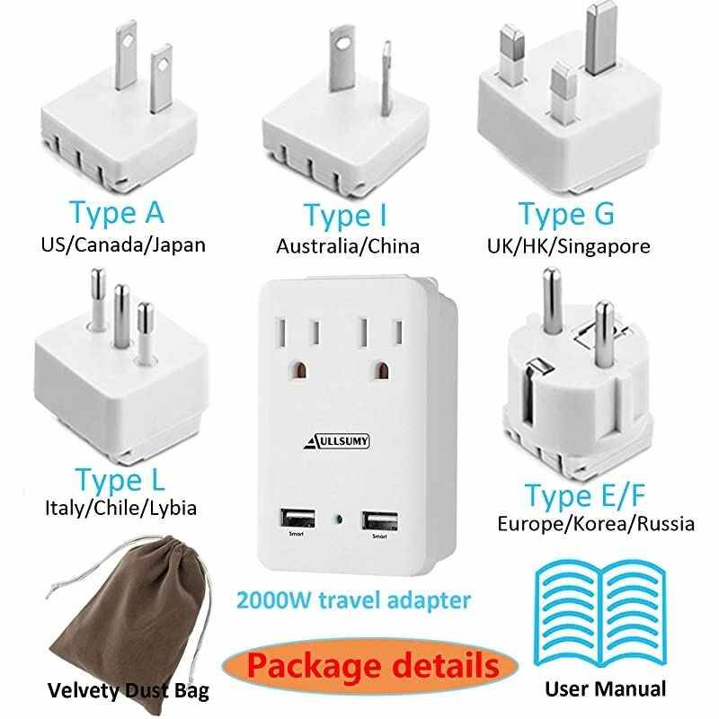 2000W Worldwide Travel Adapter Kit-Universal Electrical Adapters 2 USB Ports 2 US Outlets Travel Power Charger,International Travel Adapter Plug for Europe UK Australia Italy China Ireland