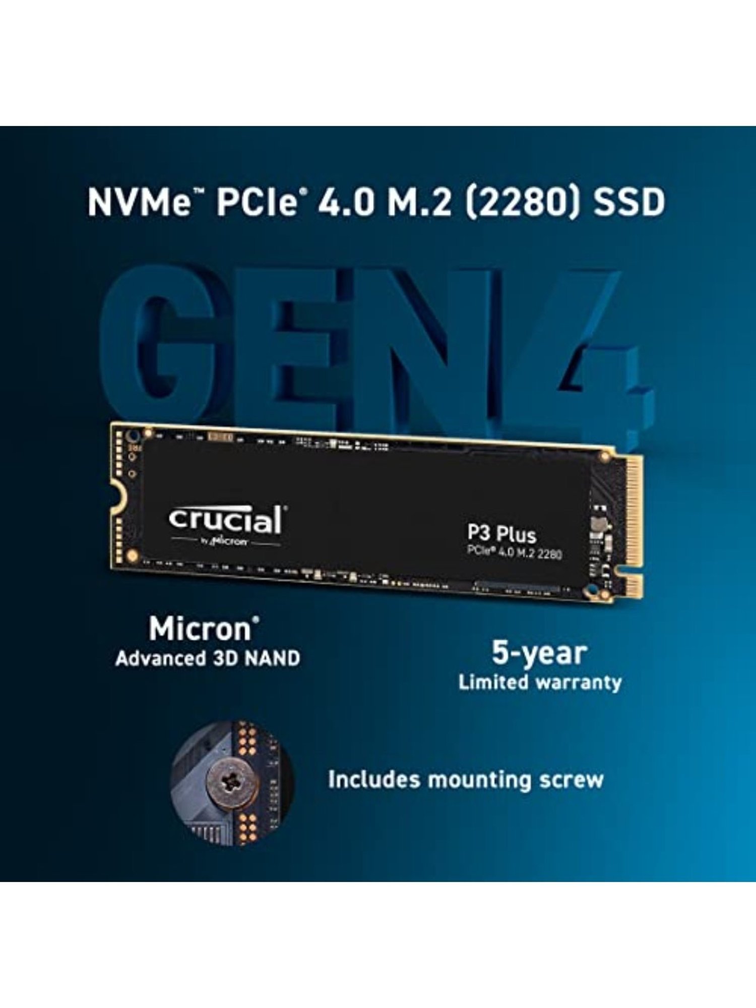 Crucial P3 Plus 1TB PCIe 4.0 3D NAND NVMe M.2 SSD, up to 5000MB per seconds