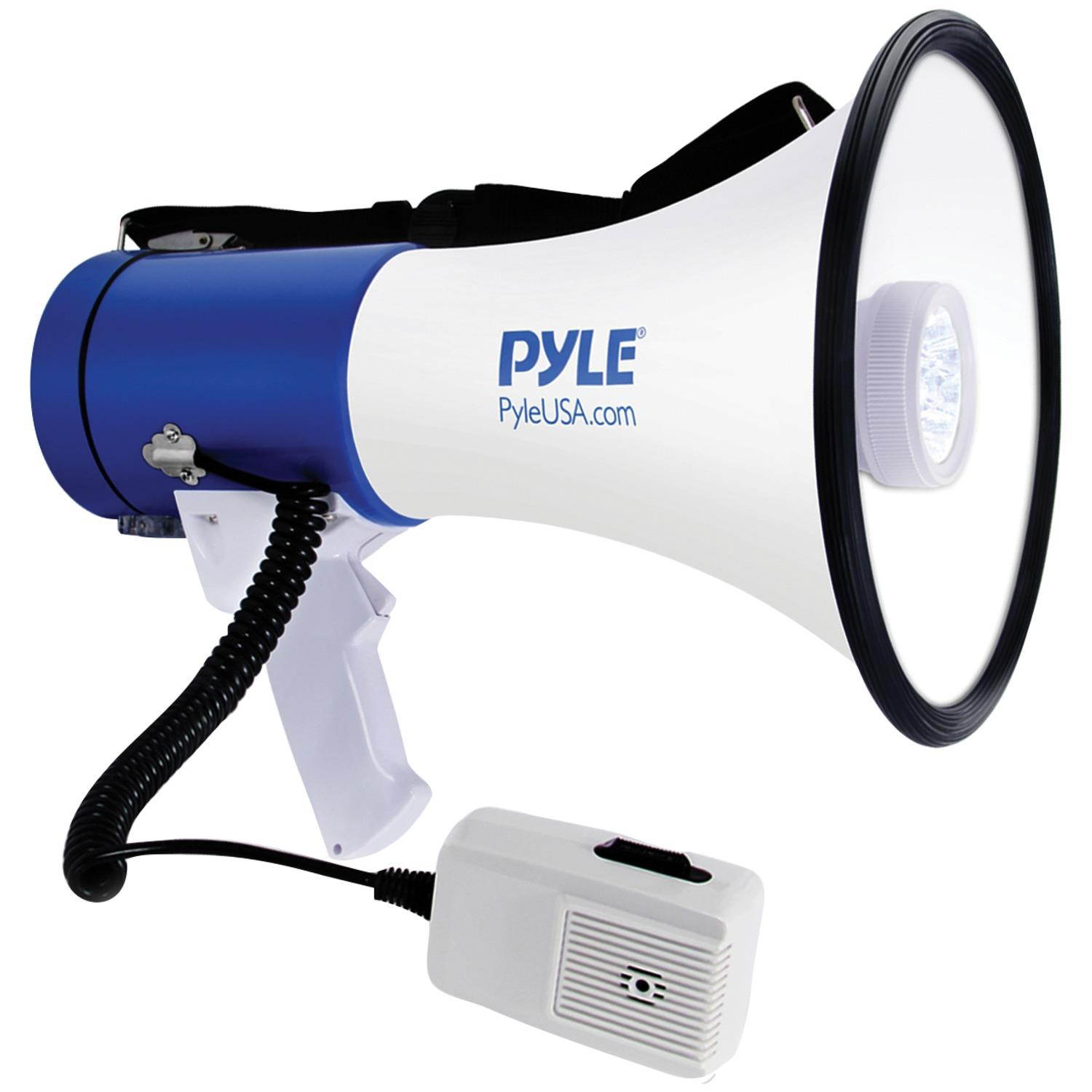 Pyle Portable Compact PA Megaphone Speaker w/ LED Flashlight, Alarm Siren, Adjustable Volume, 50W Handheld Lightweight Bullhorn w/ Detachable Mic, Battery Powered, For Indoor Outdoor Use (PMP51LT)