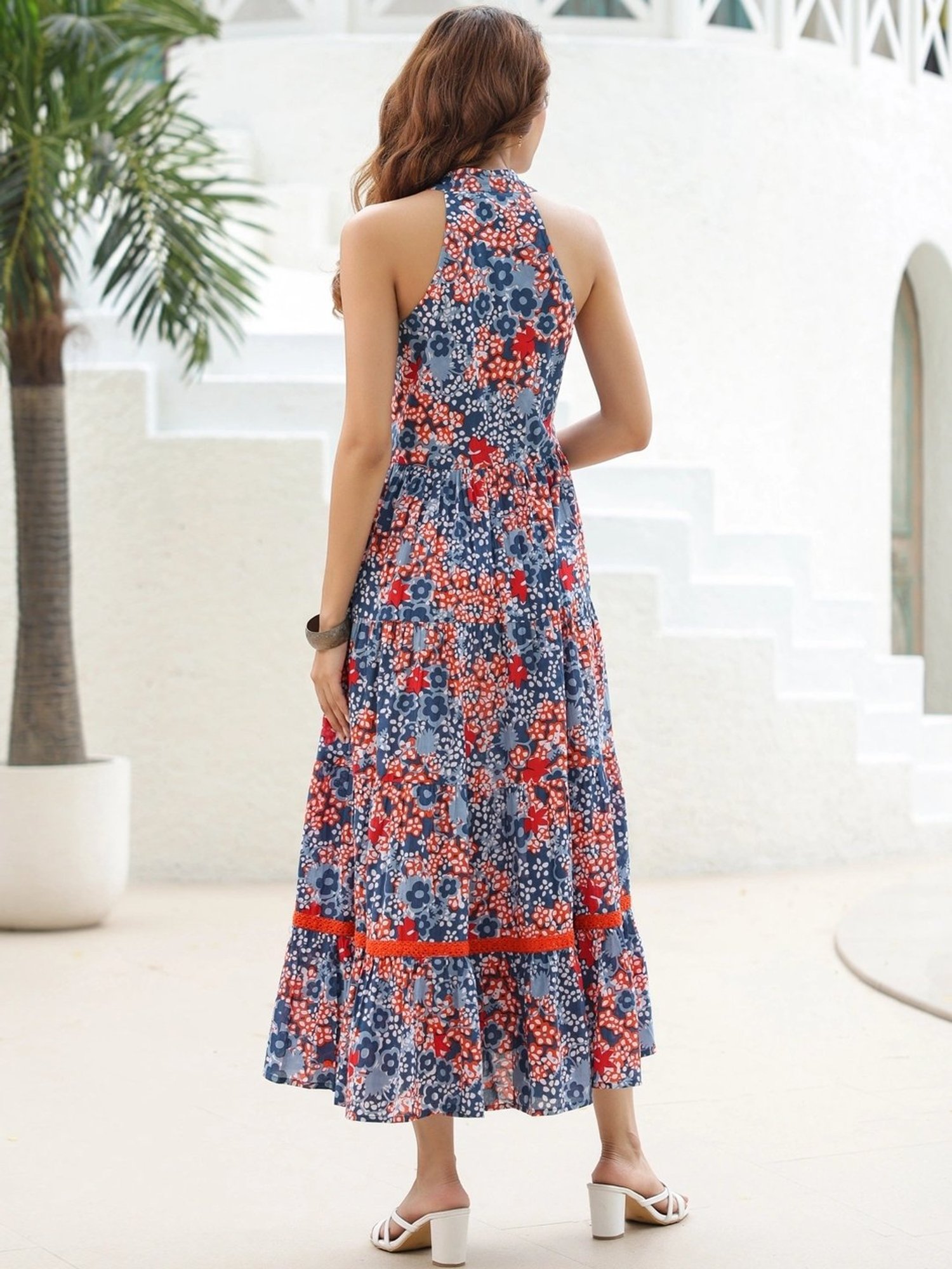 Rain and Rainbow Blue & Red Cotton Floral Print A-Line Dress