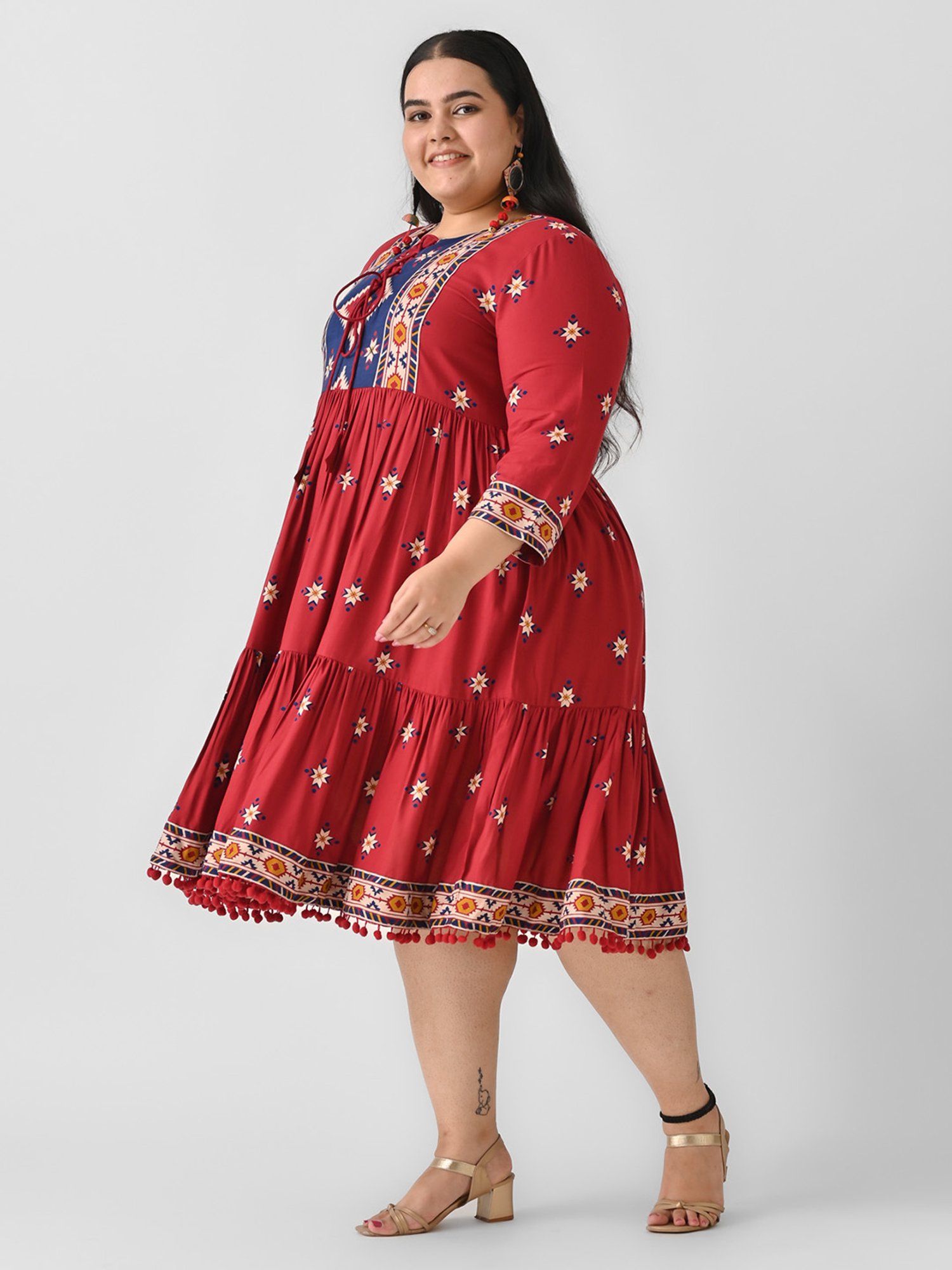 Rustorange Maroon Printed Ethnic Dress