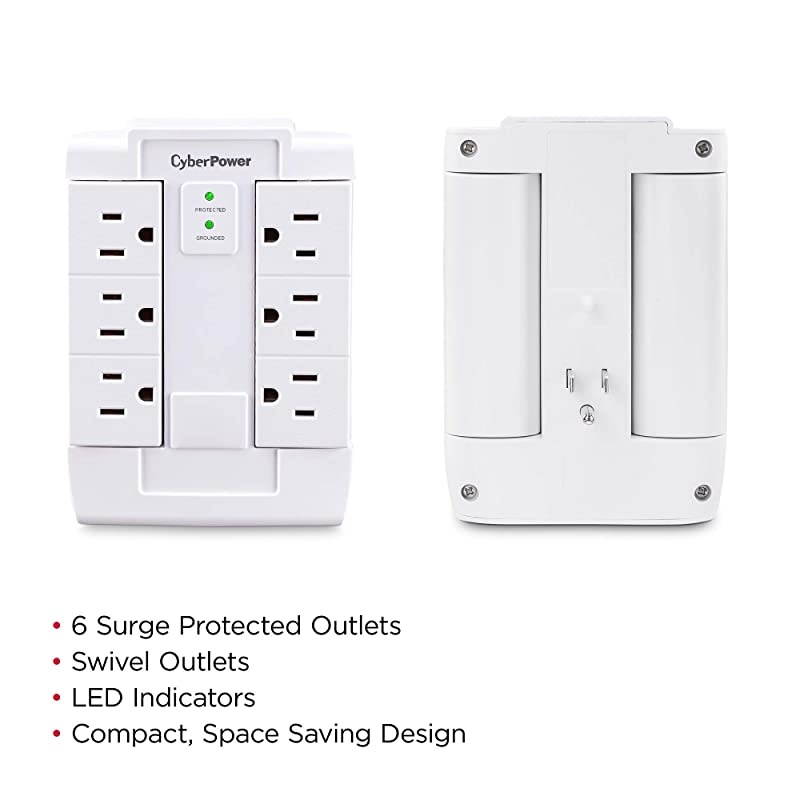 CSB600WS Surge Protector 900J125V 6 Swivel Outlets Wall Tap White 830in x 410in x 300in