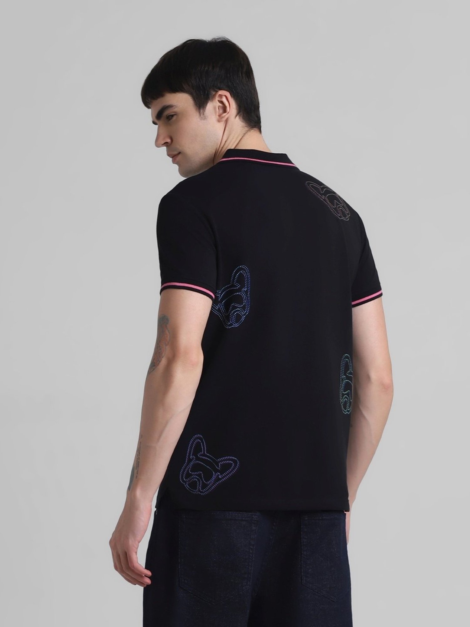 Jack & Jones Jet Black Cotton Slim Fit Self Pattern Polo T-Shirt