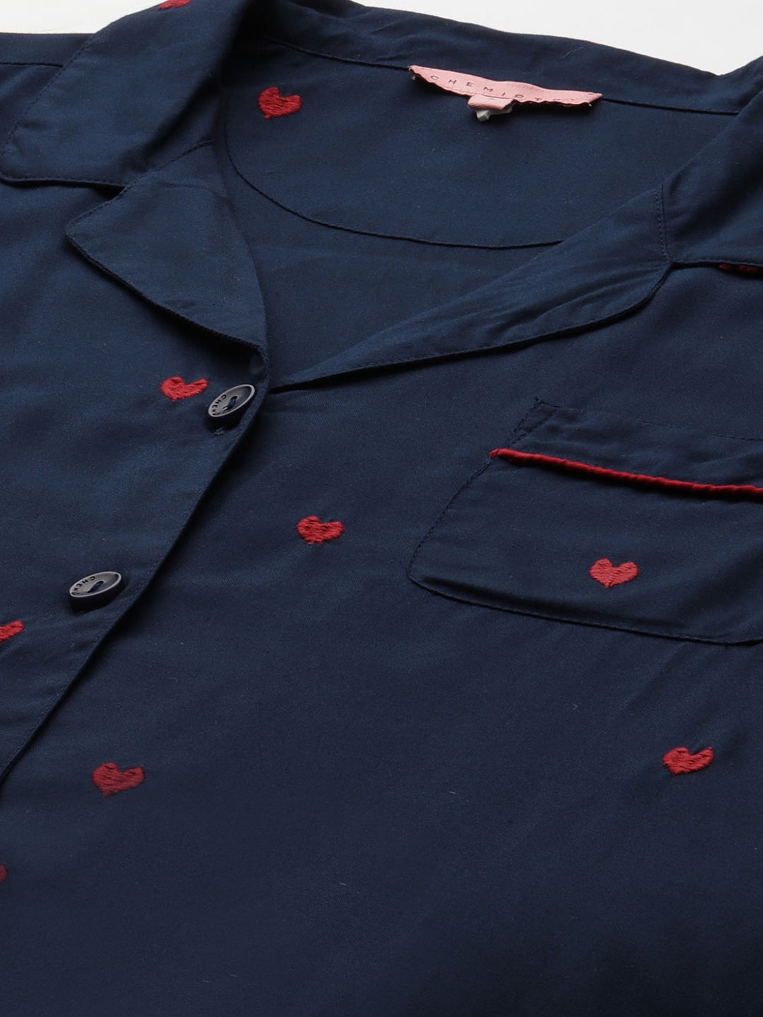 Chemistry Navy Embroidered Shirt With Pyjamas