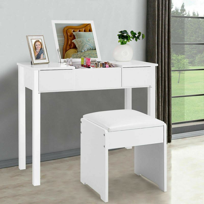 Costway White Vanity Dressing Table Furniture Stool Storage Box