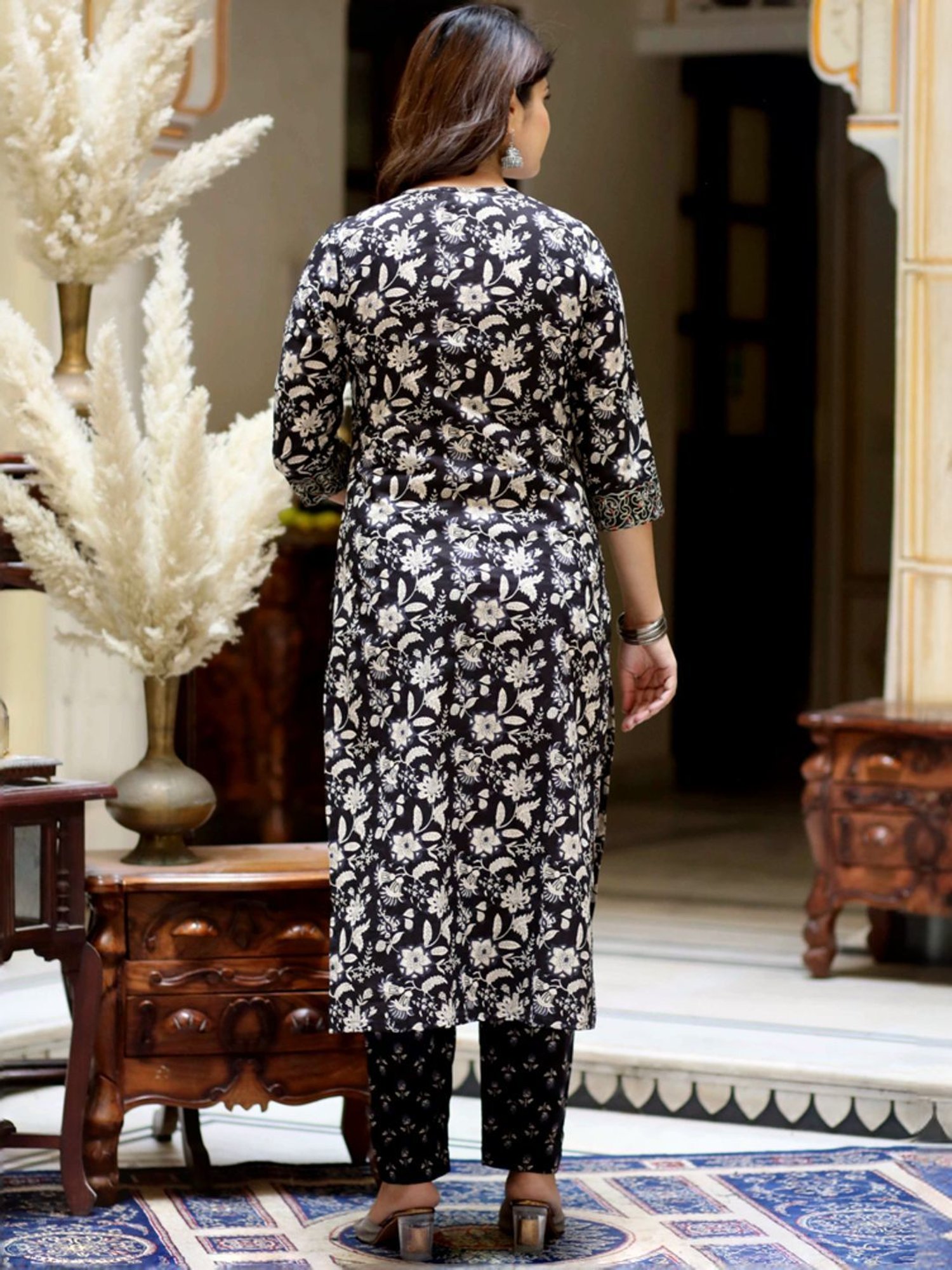 Miravan Black Cotton Embroidered Kurta Palazzo Set With Dupatta