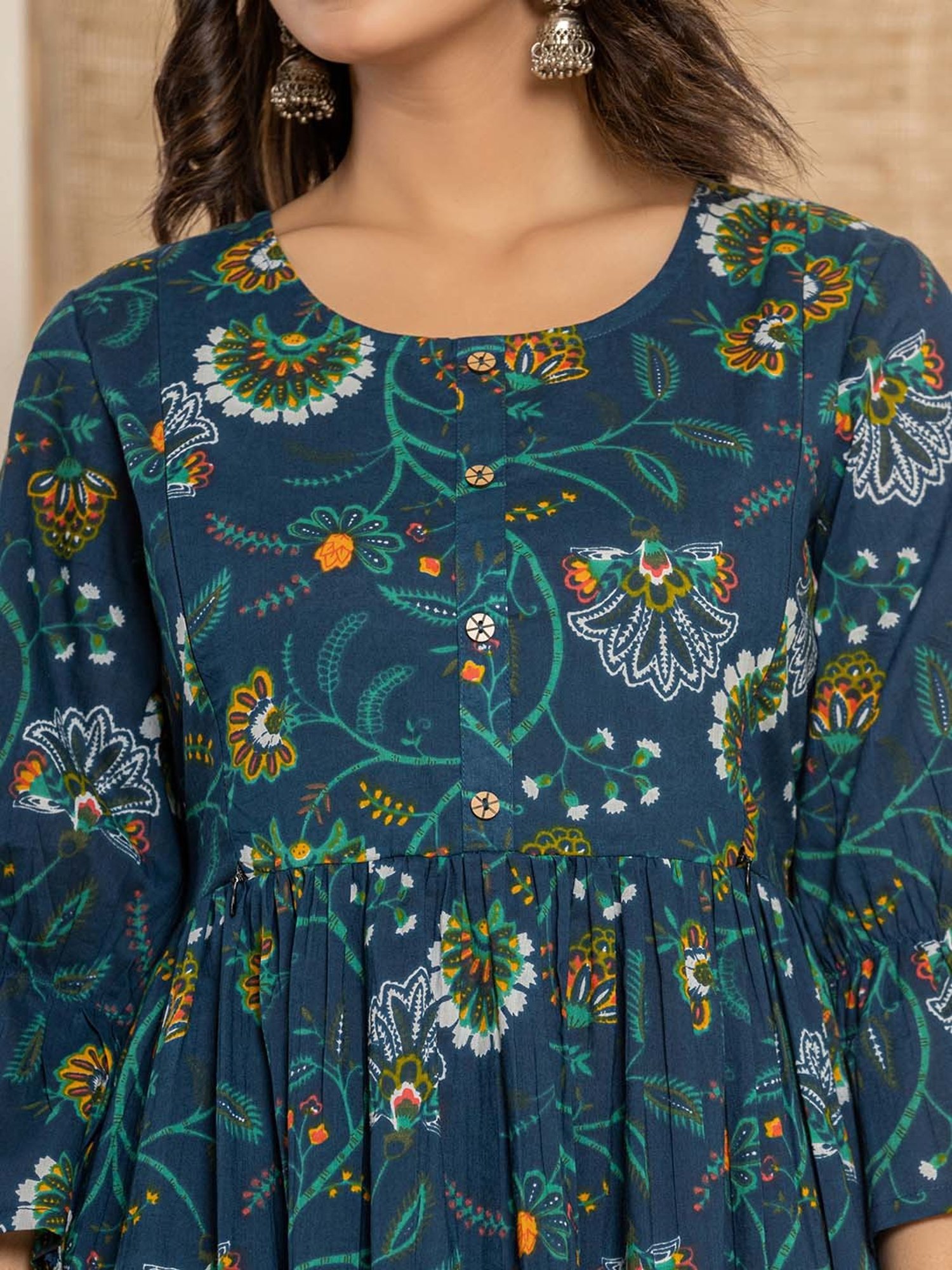 Yufta Blue Cotton Printed Kurti Pant Set