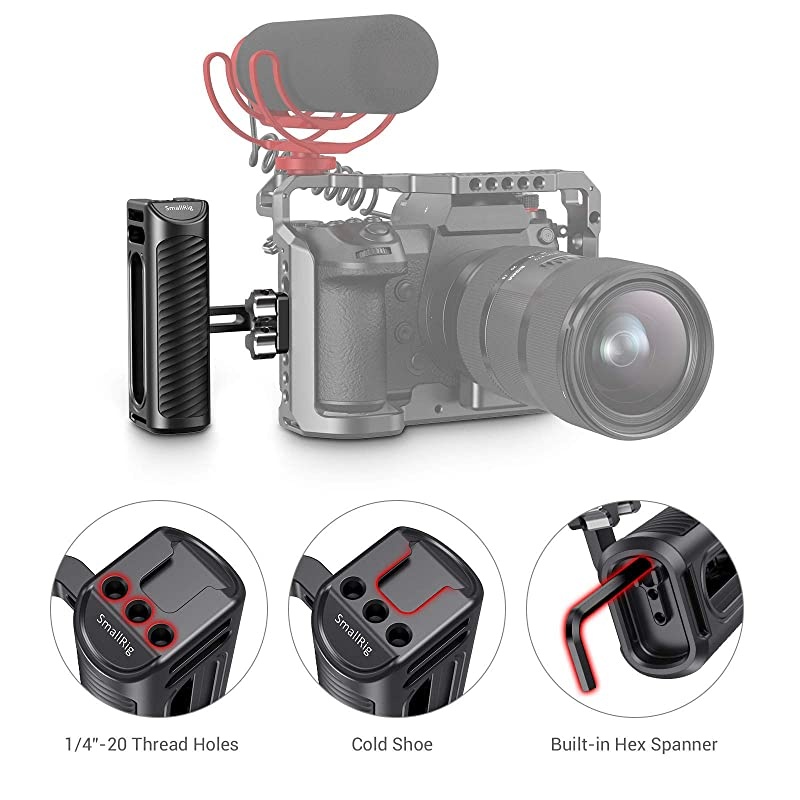 Universal Aluminum Side Handle Grip for DSLR Camera Cage with Cold Shoe Mount Builtin Wrench 14 Threaded Holes HSS2425