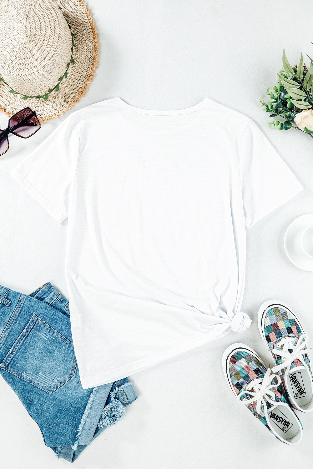 Blank T Shirt - White Distressed Short Sleeve Summer Plain T-Shirt Customized