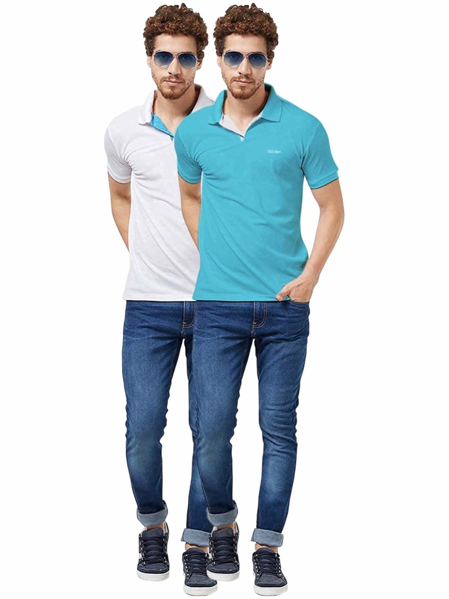 Tab91 Blue & White Regular Fit Printed Polo T-Shirts