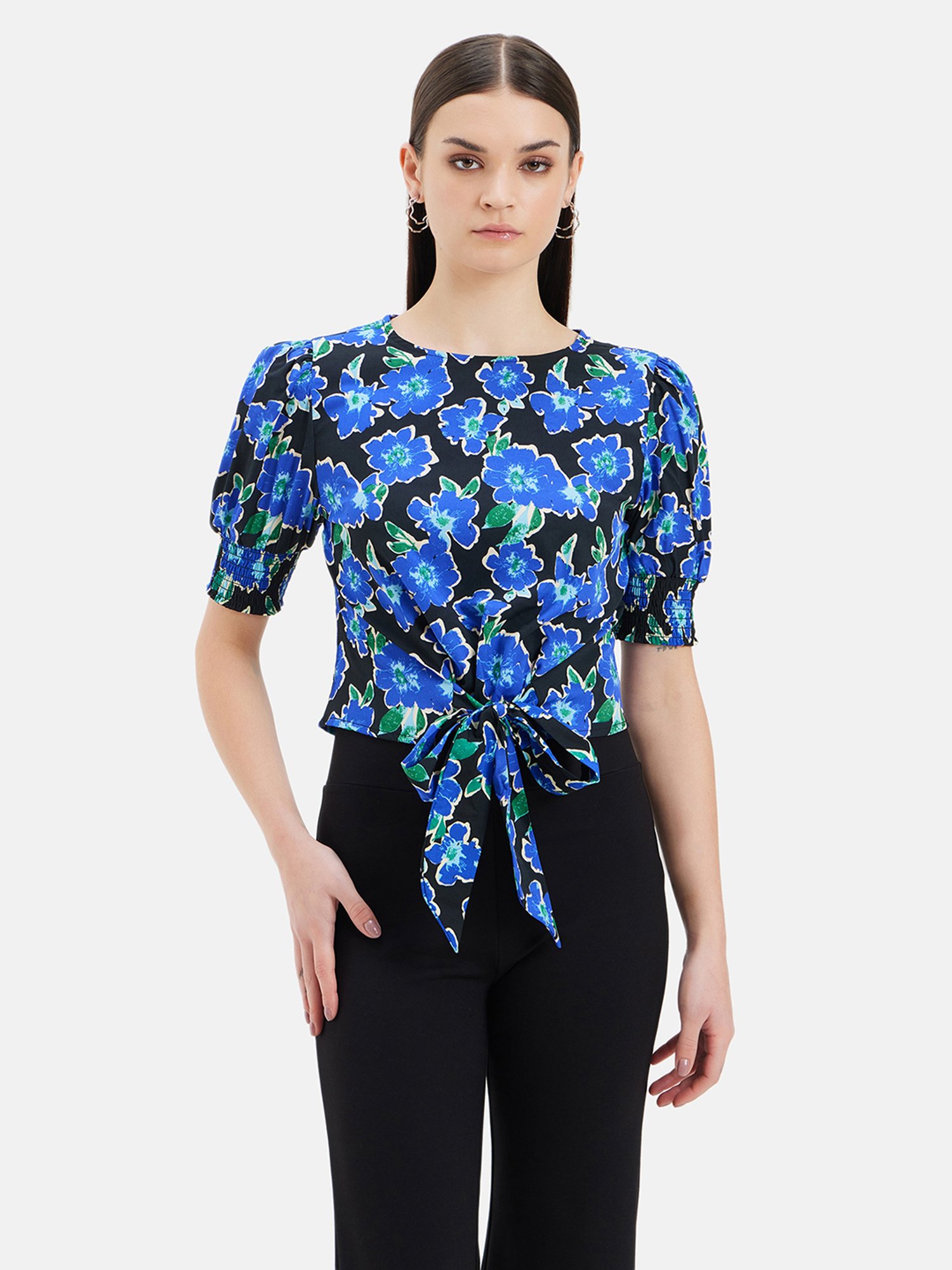 Kazo Blue & Black Floral Print Top