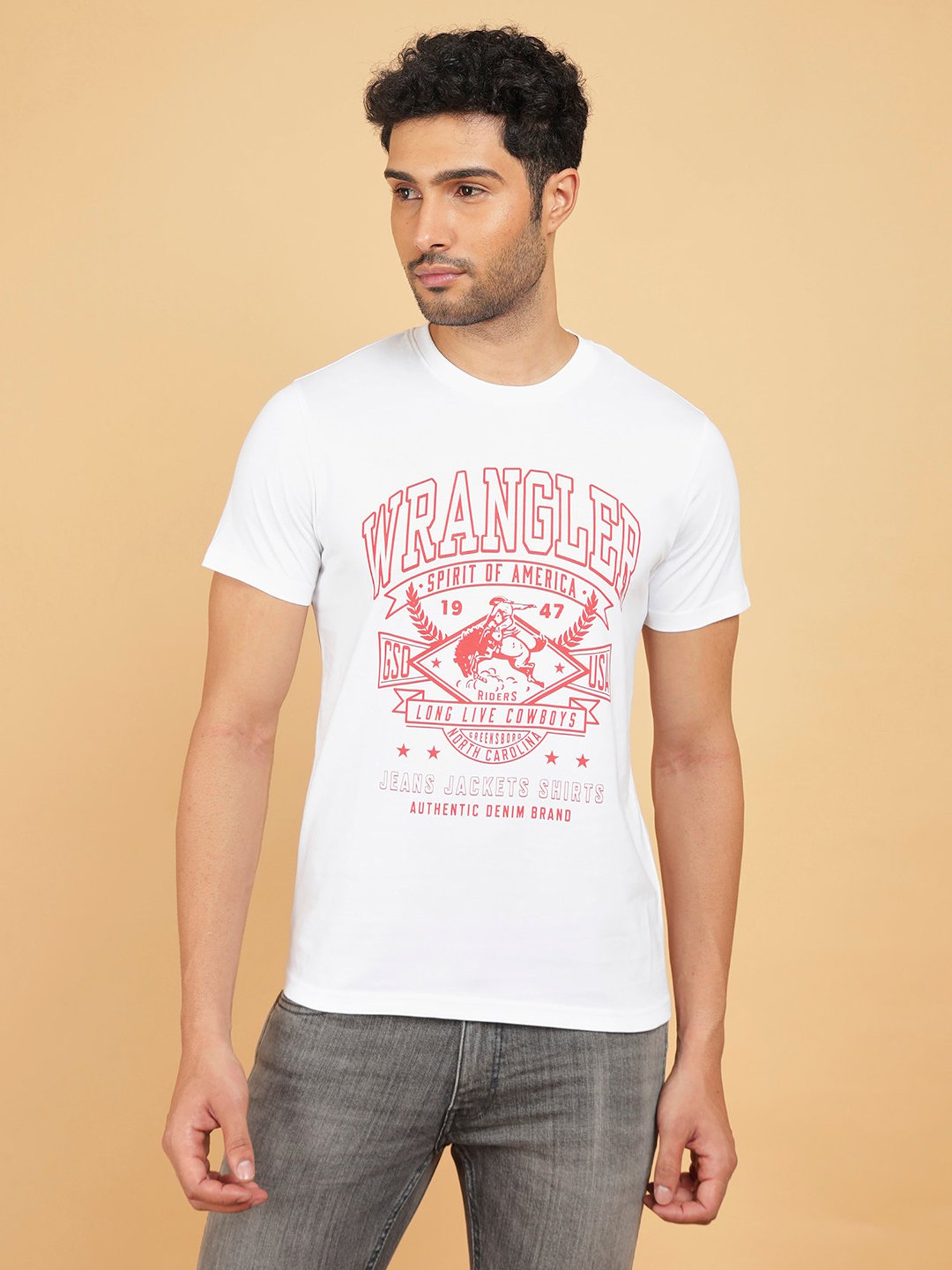 Wrangler White Regular Fit Graphic Print Cotton Crew T-Shirt