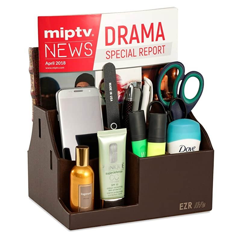 AllinOne Remote Control Holder Caddy Organizer Brown Leather Also Holds Phones Tablets Books Glasses 8 compartments up to 14 remotes