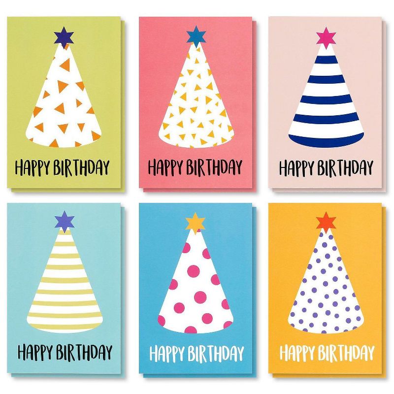 Best Paper Greetings 48-Pack Party Hats Happy Birthday Greeting Cards Bulk Box Set with Envelopes, 6 Colors, 4x6 in