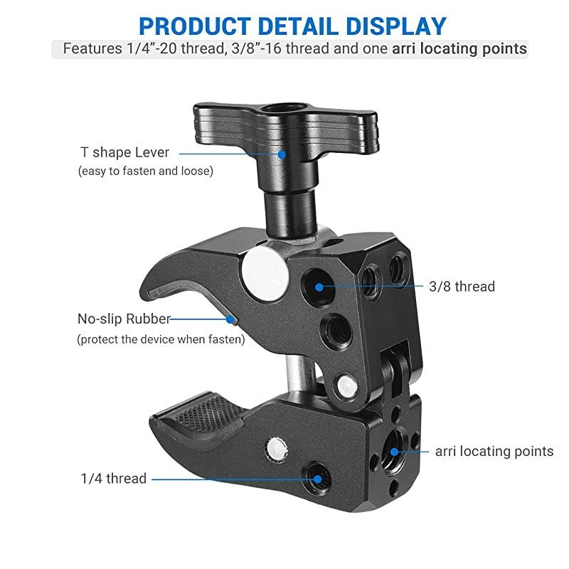 Super Clamp with 1/4&rsquo;&rsquo; Thread Holes, 3/8&rsquo;&rsquo; Locating Pin for ARRI Standard, T-Shaped Wingnut and Rubber Pads - 2220