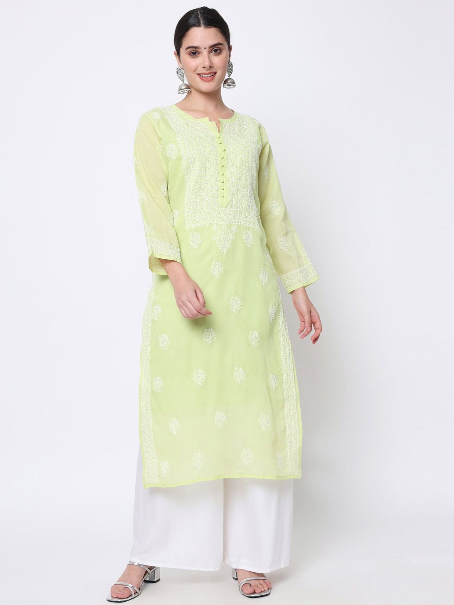 PARAMOUNT CHIKAN Green Cotton Chikankari Straight Kurta