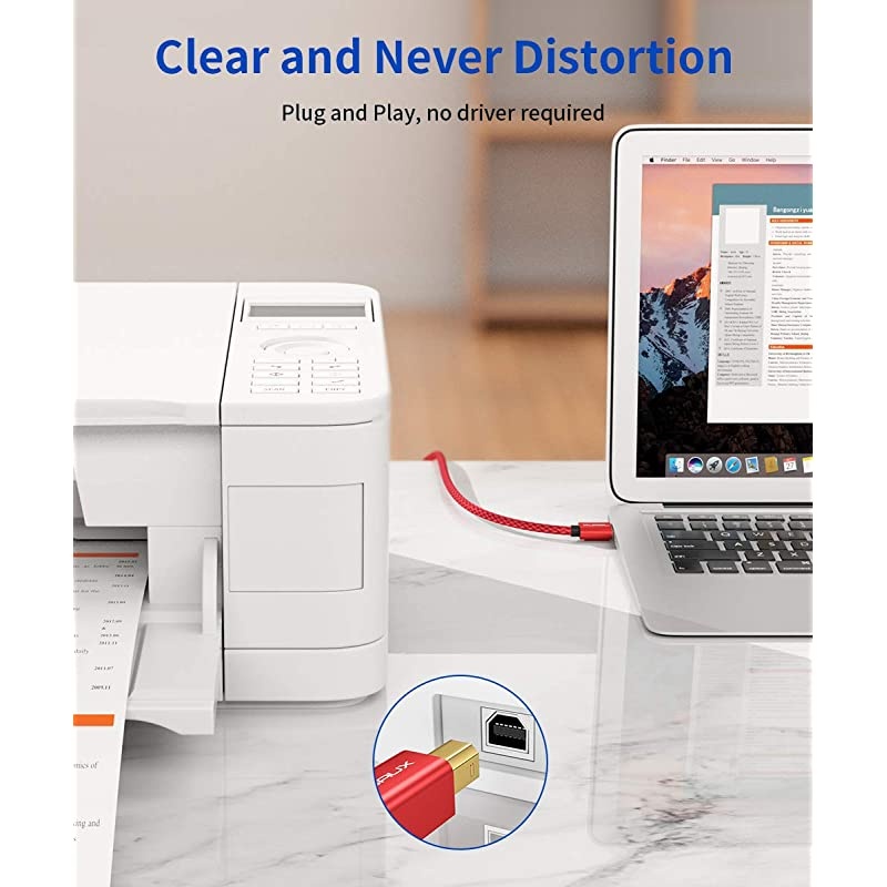 Printer Cable,  10ft USB 2.0 Type A Male to B Male Printer Scanner Cord High Speed Compatible with HP, Canon, Dell, Epson, Lexmark, Xerox, Samsung and More (Red)