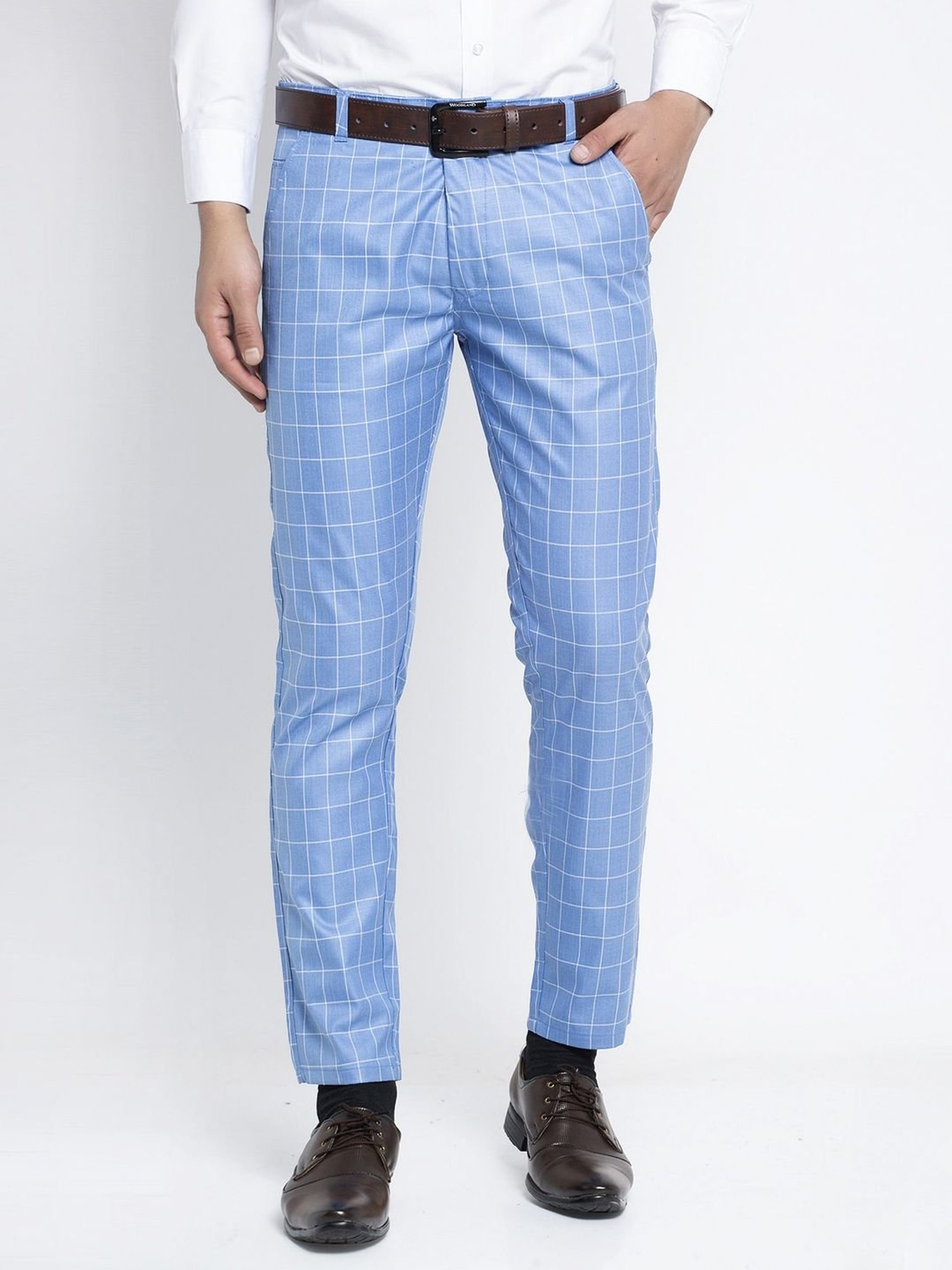 Jainish Blue Cotton Tapered Fit Checks Flat Front Trousers