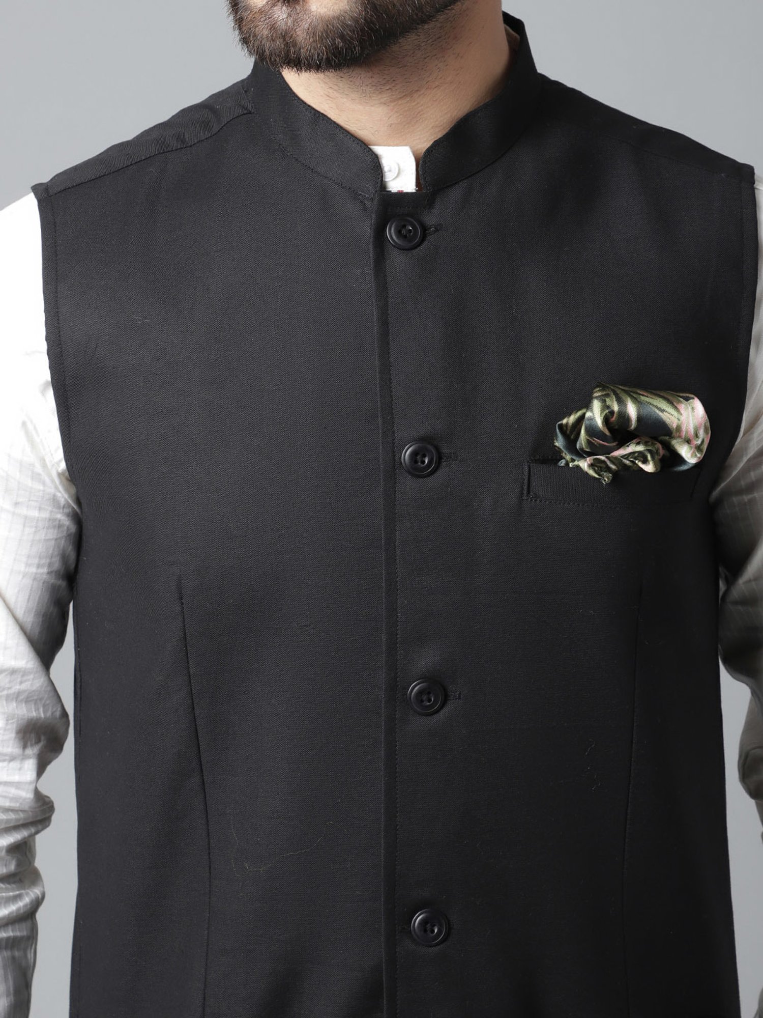 Even Black Regular Fit Mandarin Collar Nehru Jacket