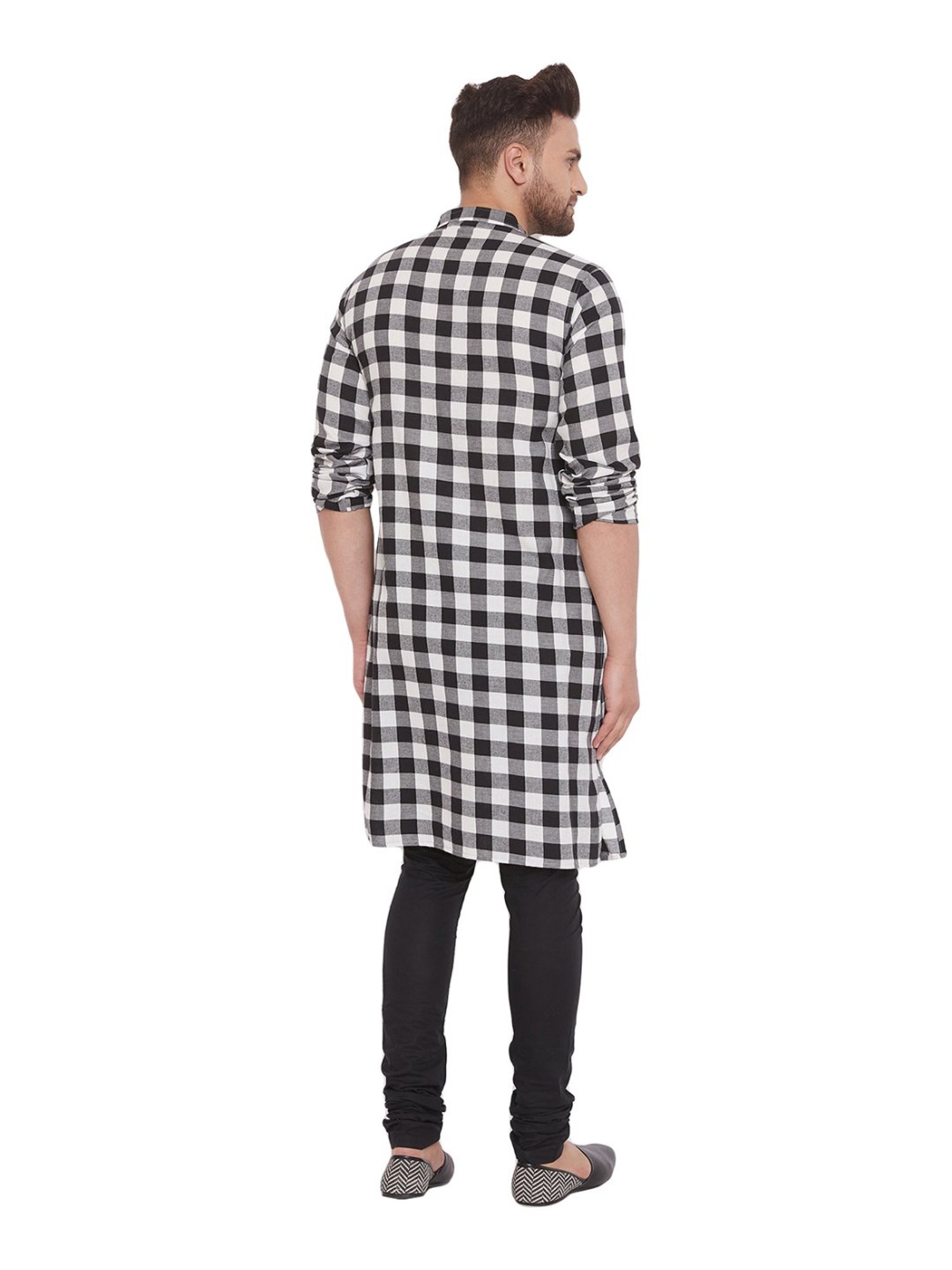 Even Black & White Cotton Regular Fit Checks Kurta
