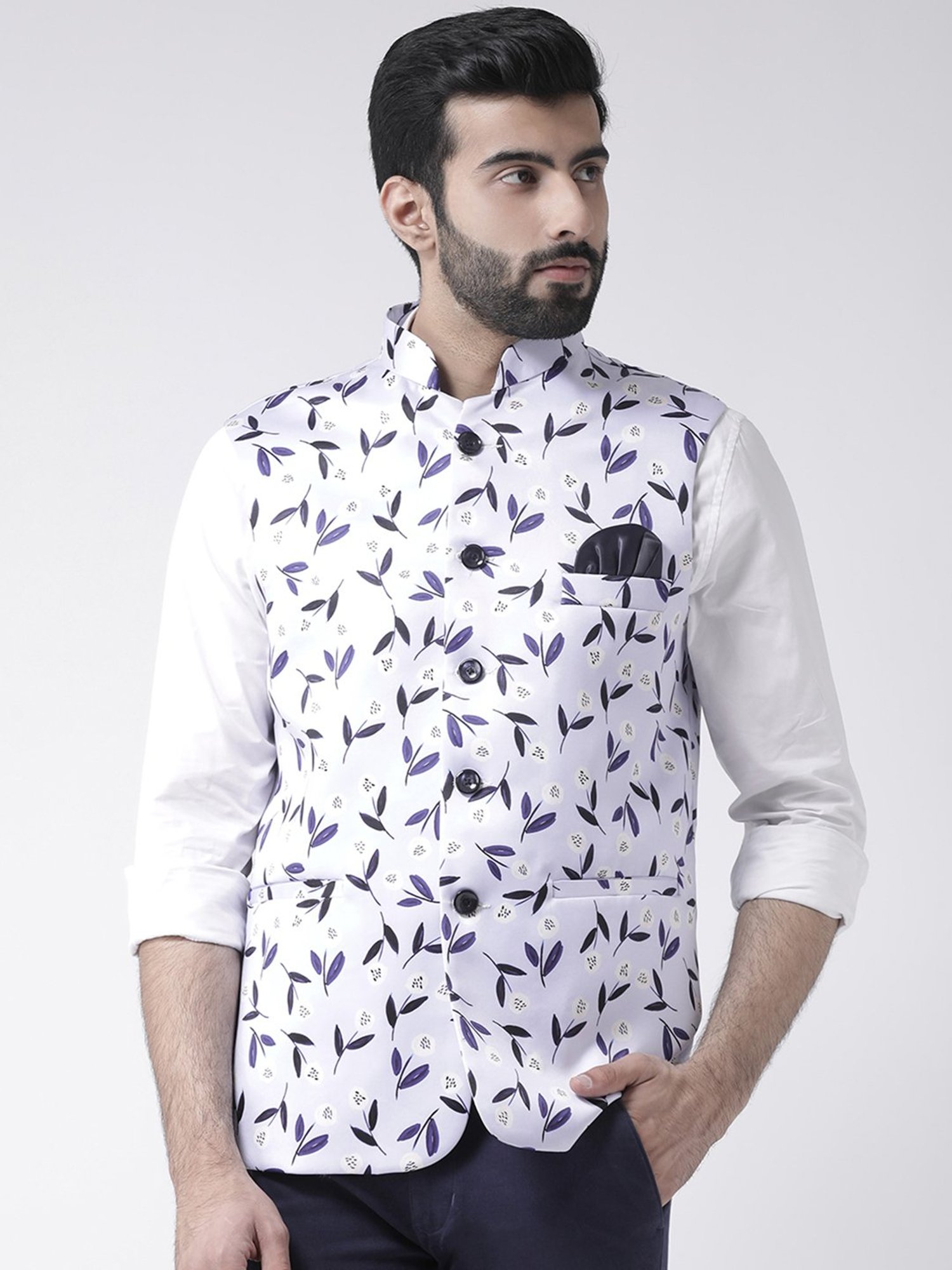 Hangup Plus White & Purple Regular Fit Printed Nehru Jacket