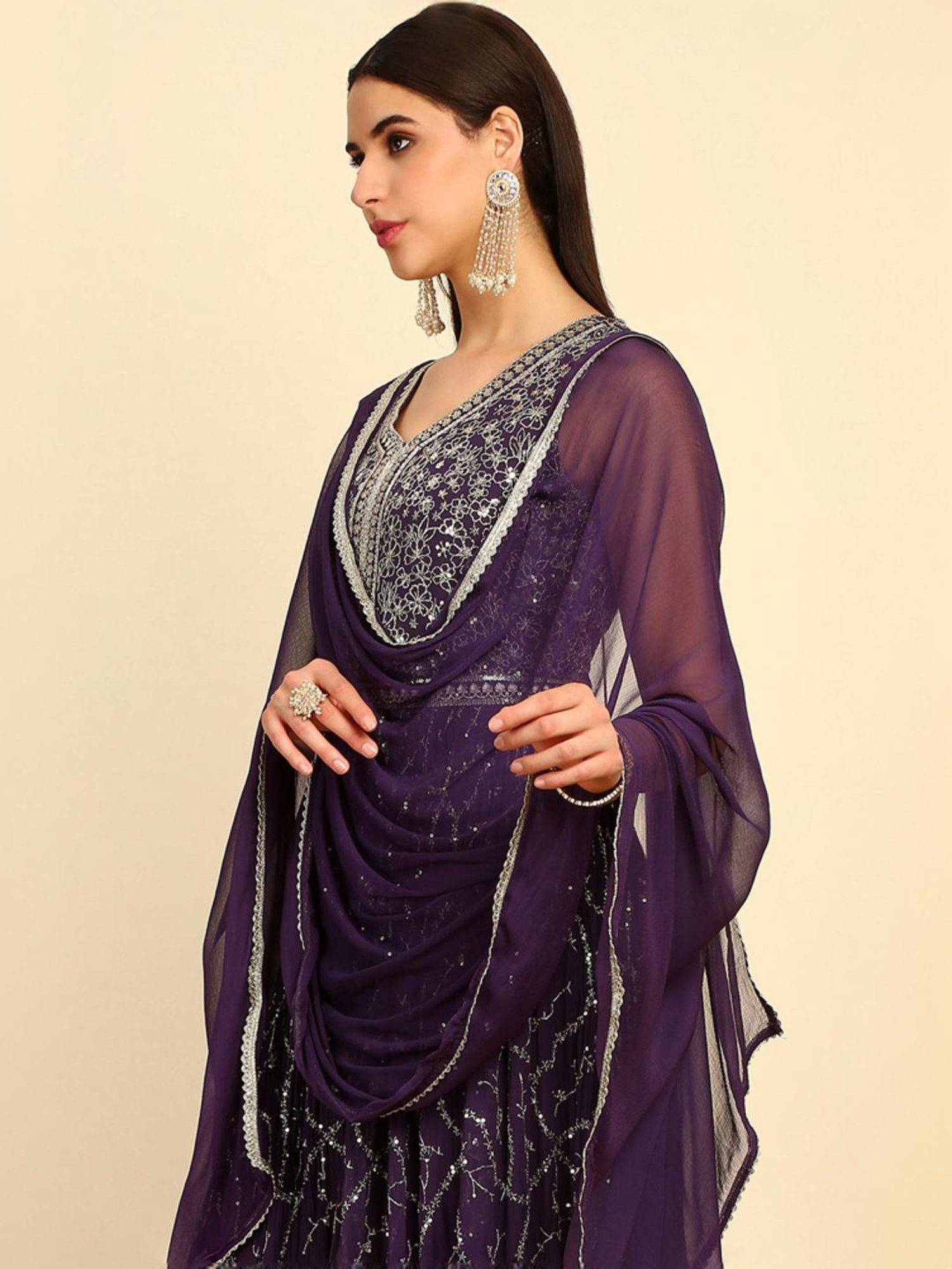 Soch Womens Purple Sequinned Embellished Georgette Jumpsuit With Dupatta