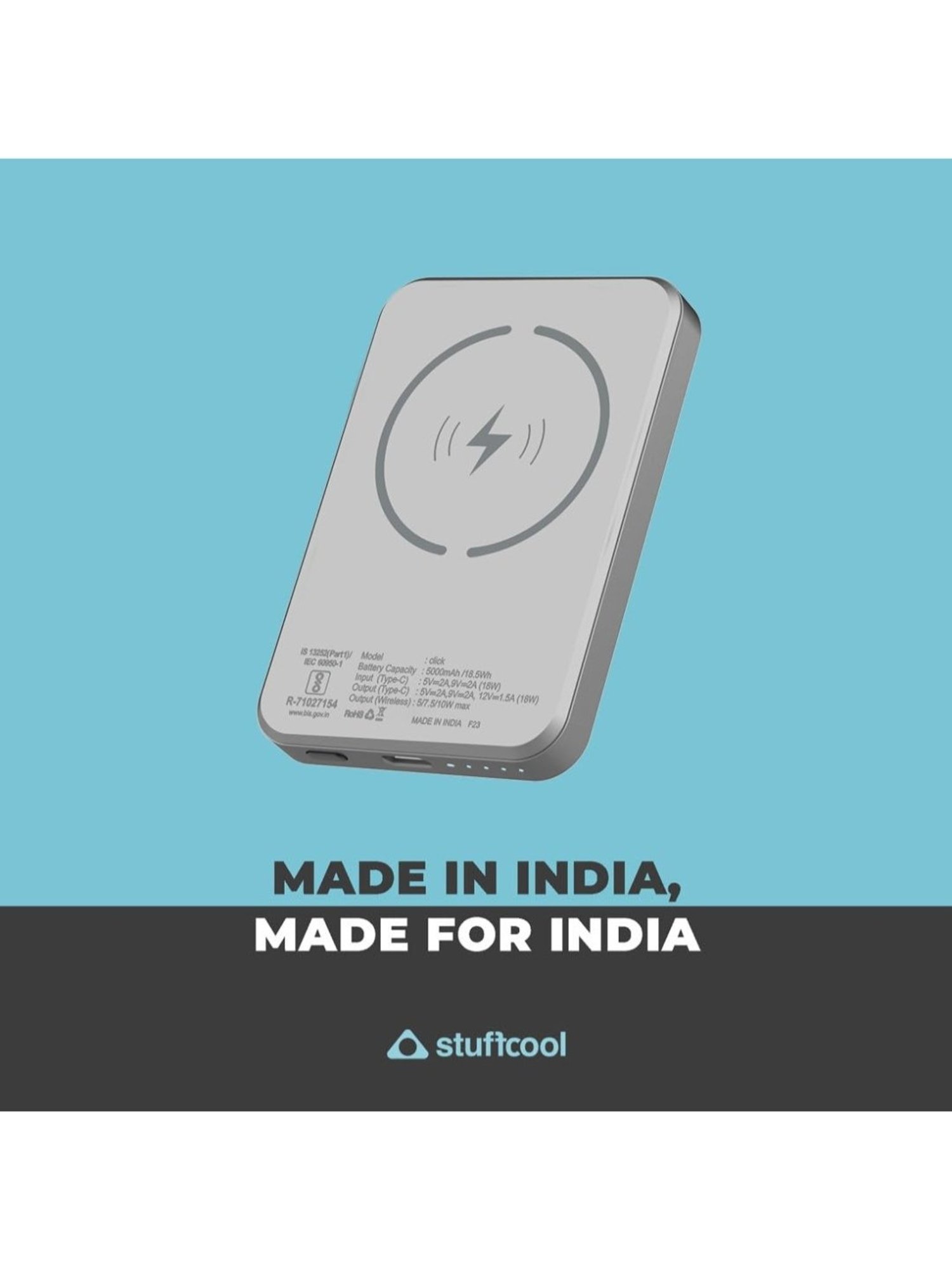 Stuffcool Click 5000mAh Magnetic Wireless Powerbank with 18W PD Type C Port (Metallic Grey)