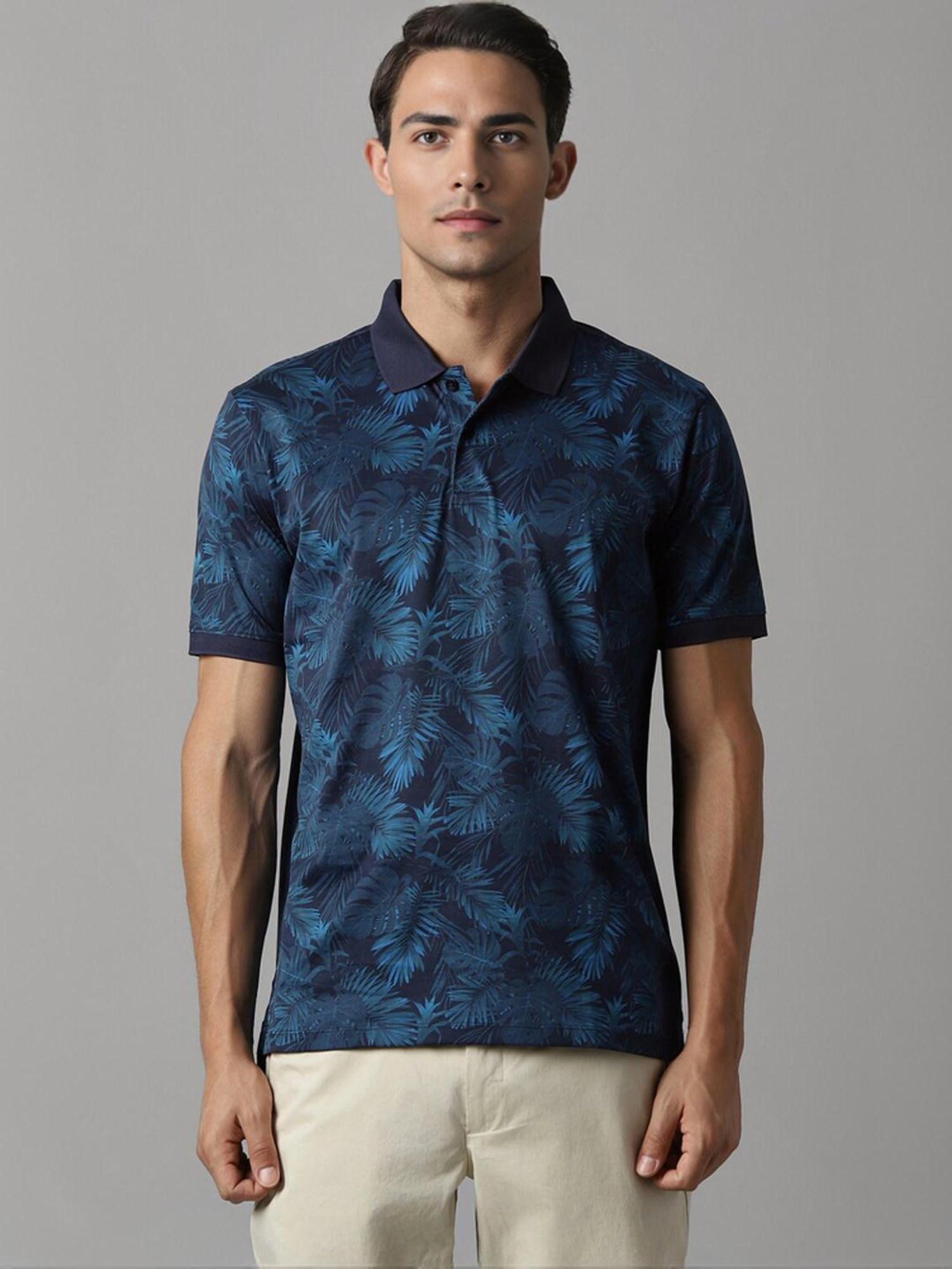 Louis Philippe Navy Cotton Regular Fit Printed Polo T-Shirt