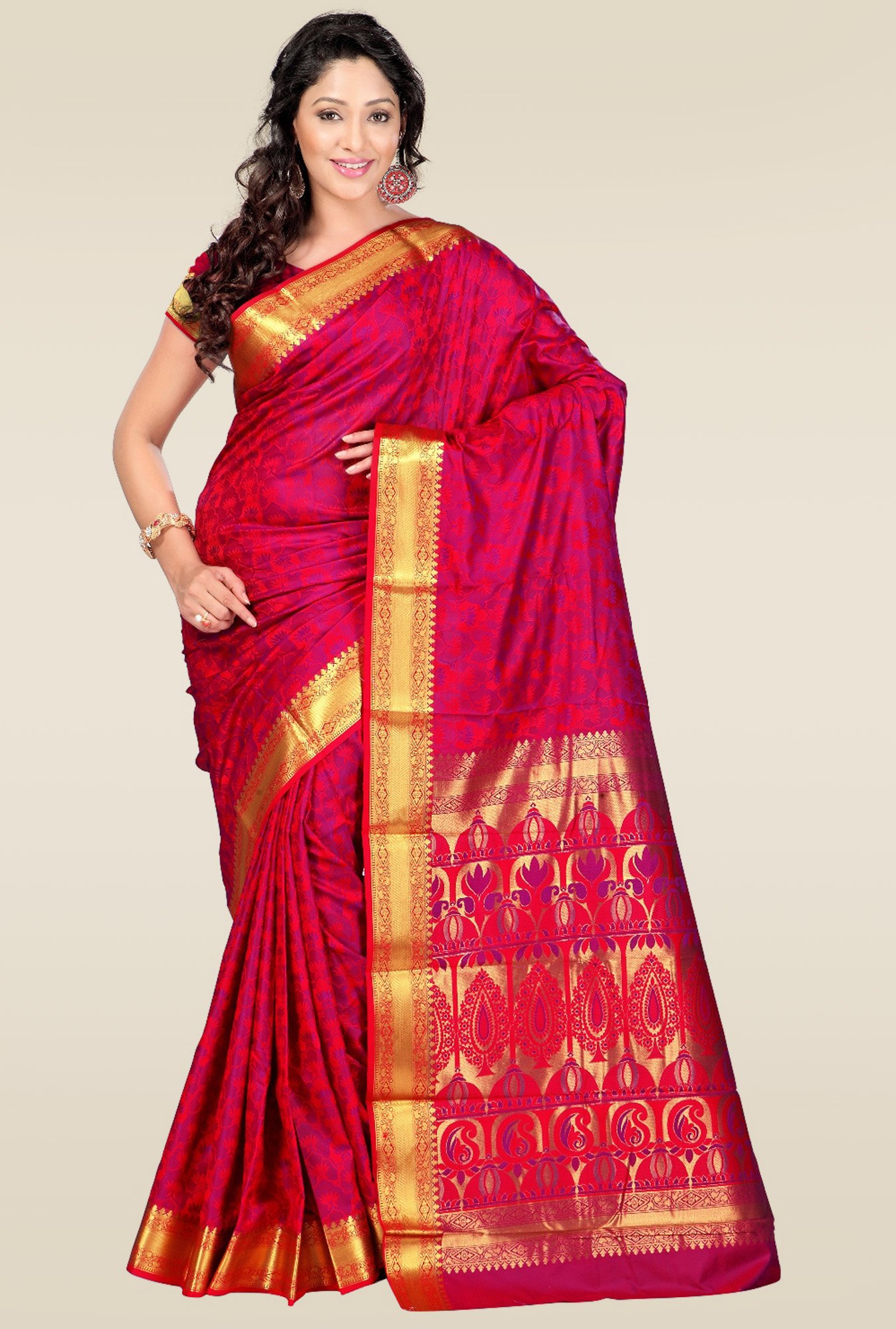 Janasya Red Foil Print Saree