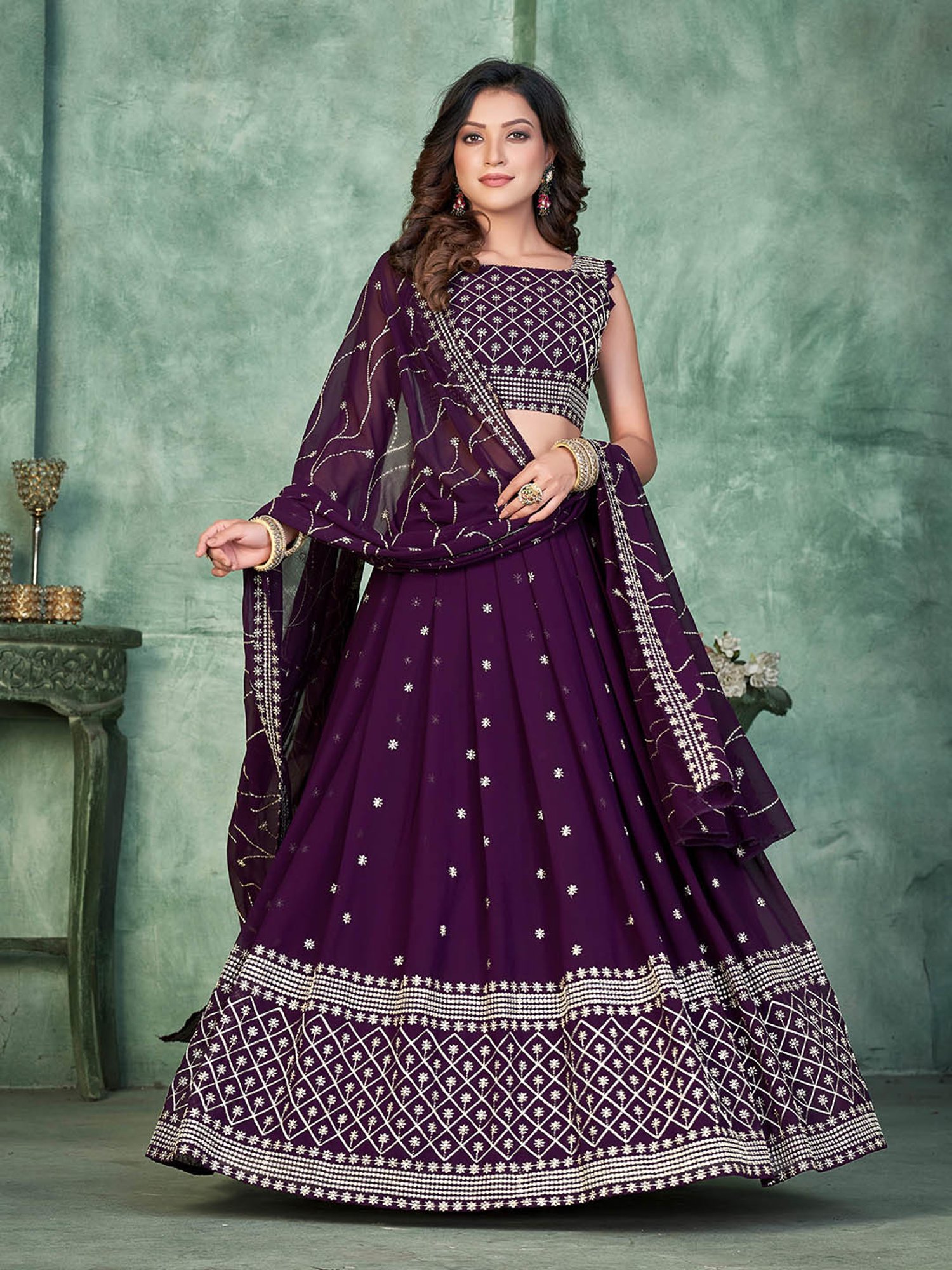 Warthy Ent Purple Embroidered Lehenga Choli Set With Dupatta