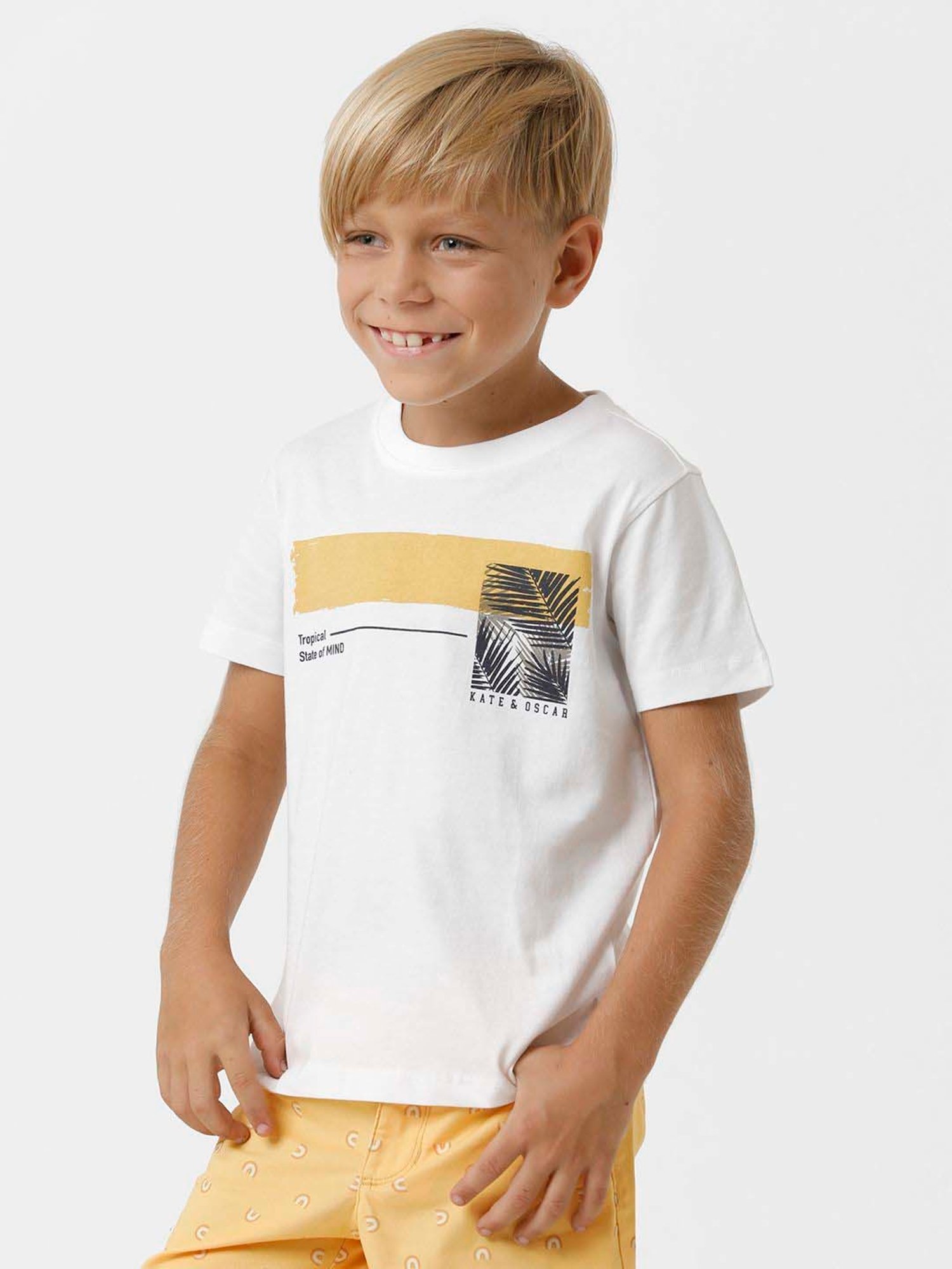 Kate & Oscar Kids White & Yellow Cotton Printed T-Shirt
