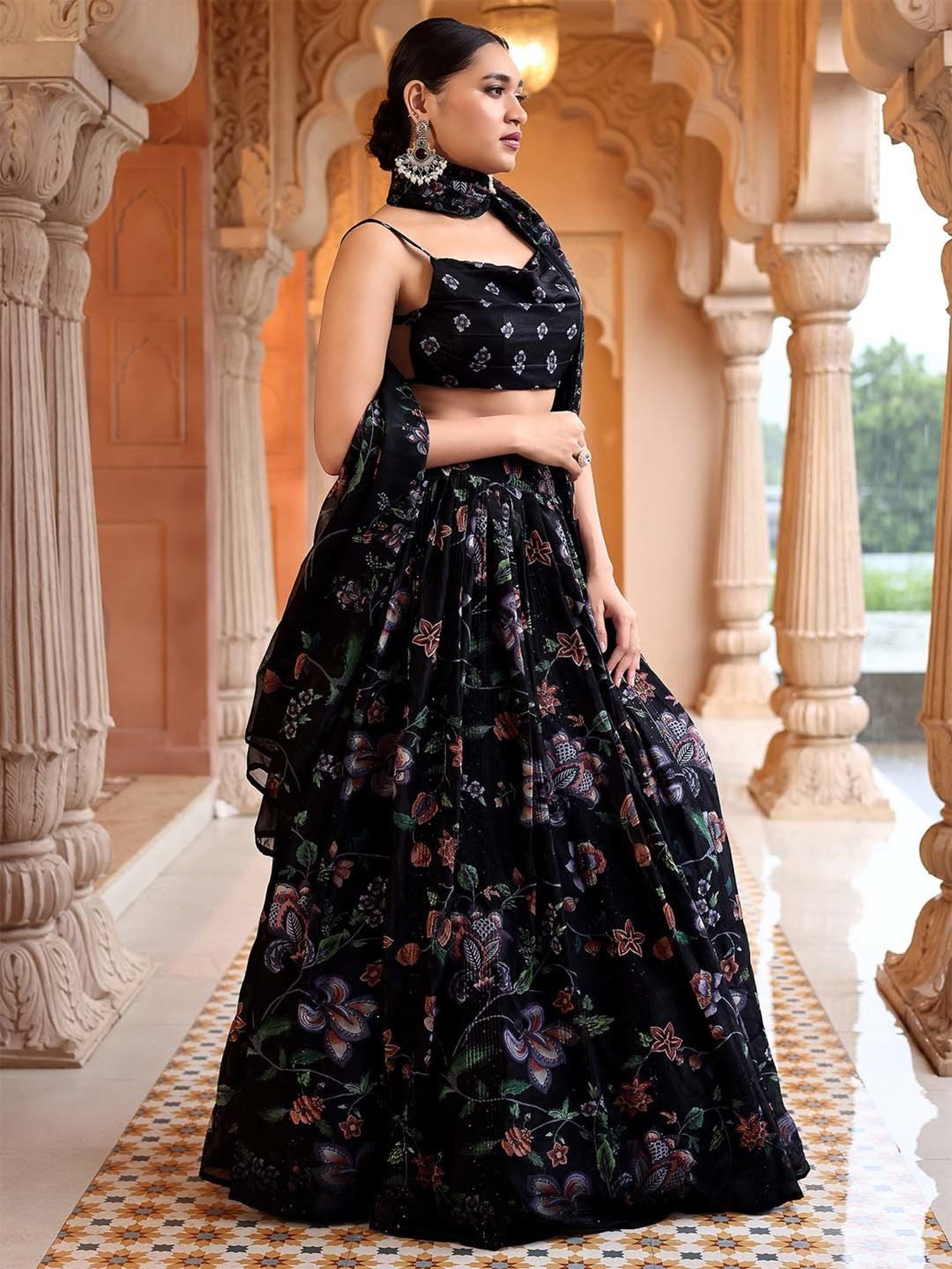PURVAJA Black Printed Lehenga Choli Set With Dupatta