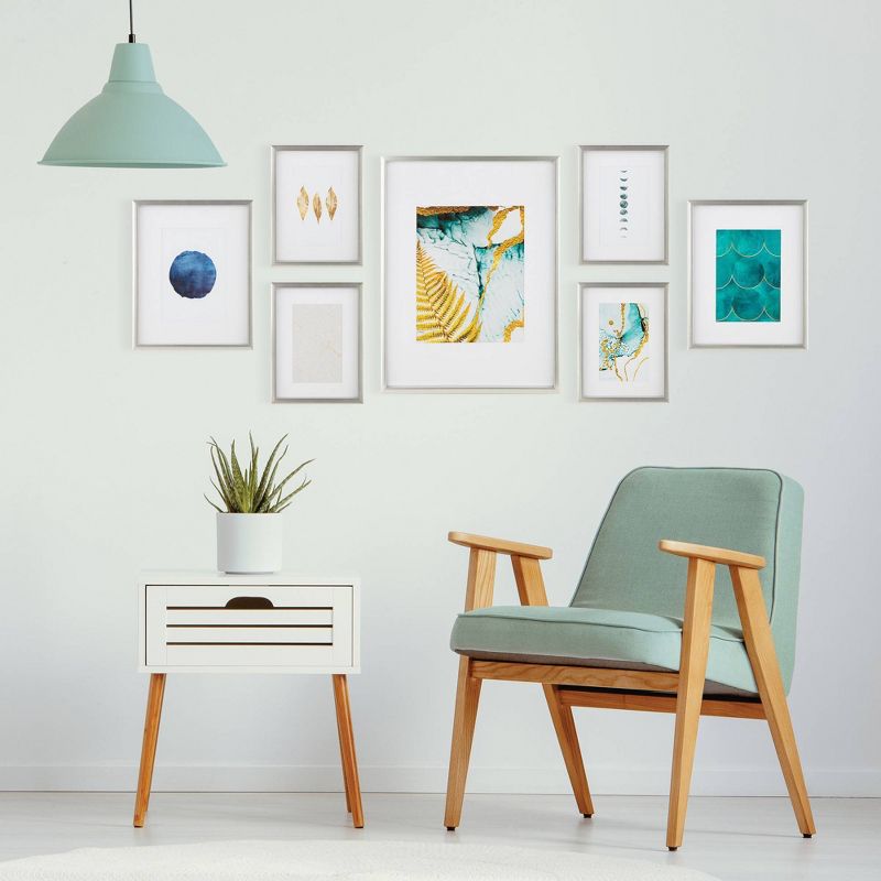 7pc Gallery Wall Frame Set with Decorative Art Prints and Hanging Template Silver - Gallery Solutions