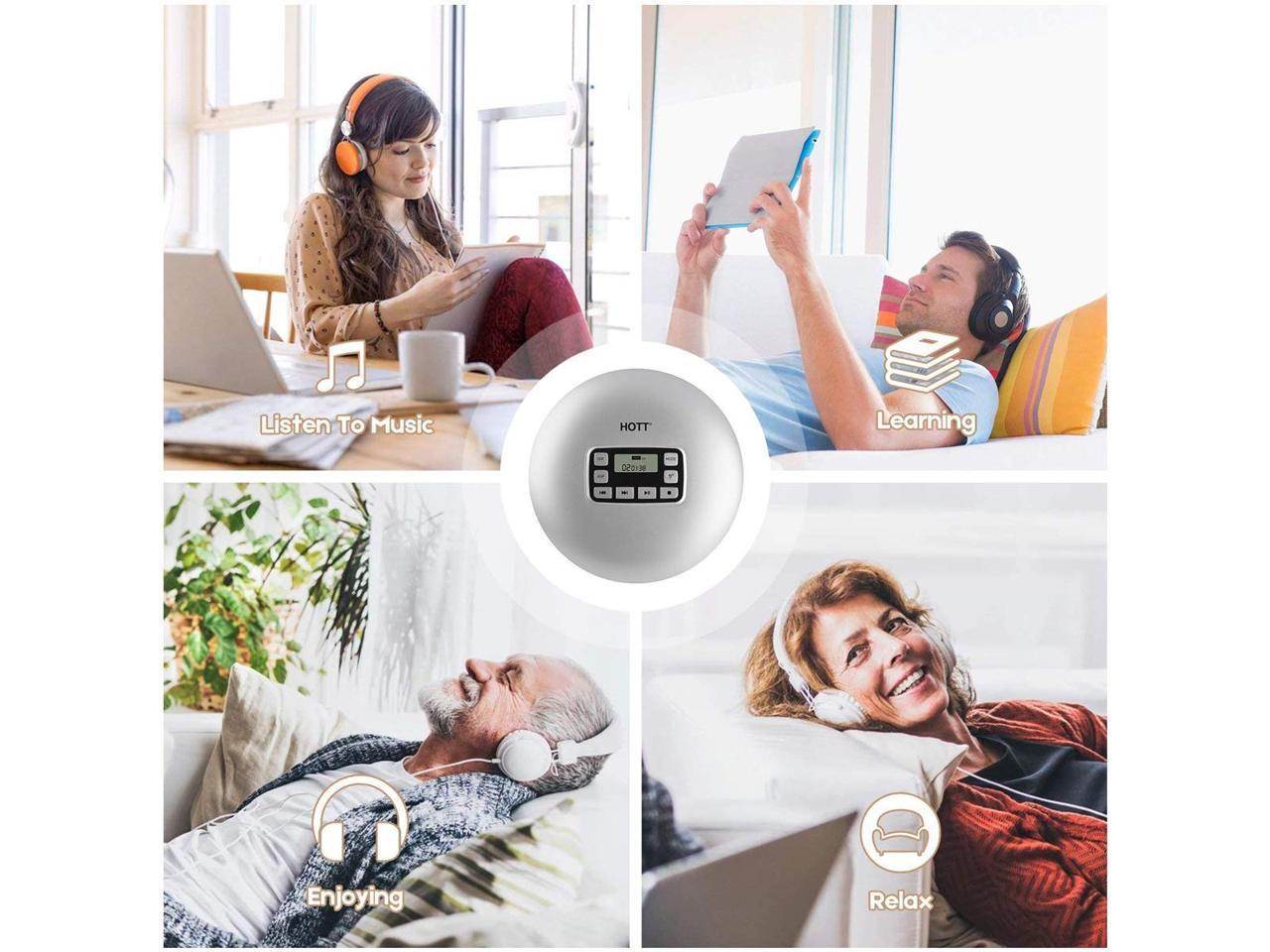 Werleo Portable CD Player Headphones HOTT Personal CD Walkman Music Player LCD Display Anti-Skip Protection Shockproof Anti Scratch Function Support CD MP3 CD CD-R CD-RW Format Silver