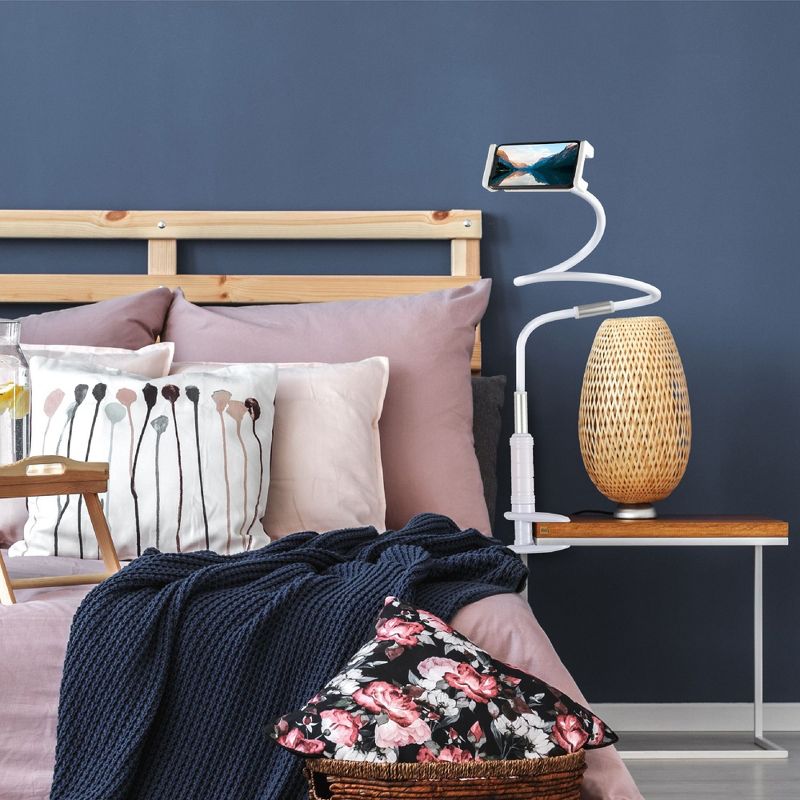 [Upgraded] Insten Phone Holder Stand Lazy Gooseneck Mount 50" Long Arm Aluminum Flexible 360 Clamp Clip for iPhone Cell Phone Tablet Bed Desktop White