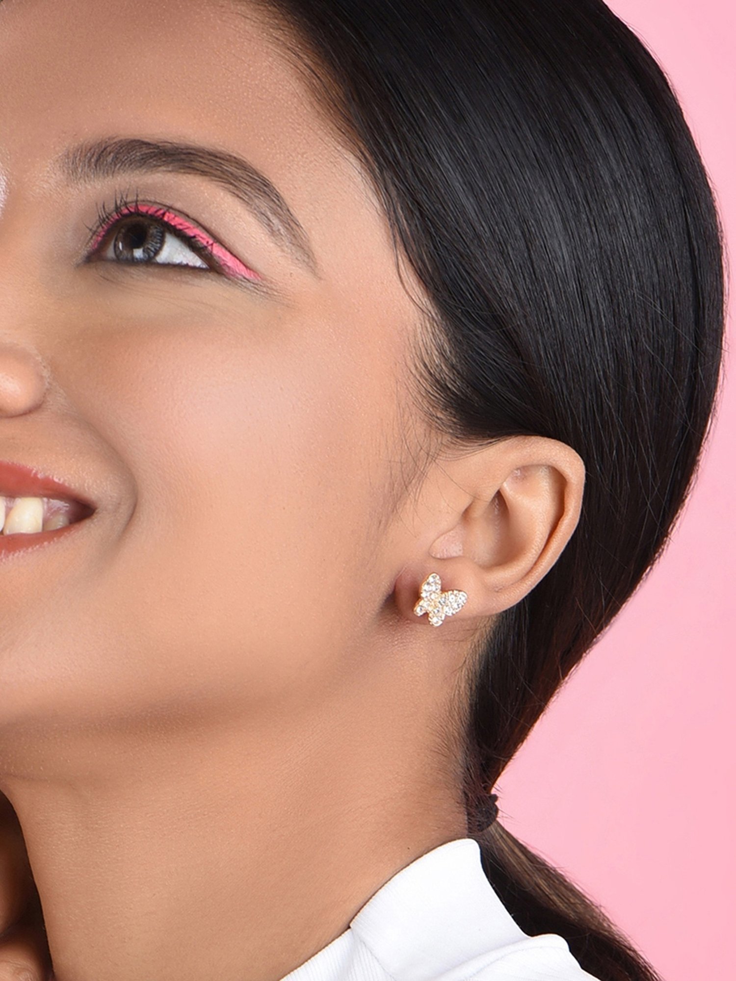 ToniQ Gold-Plated American Diamond Studded Butterfly Stud Earrings for Women