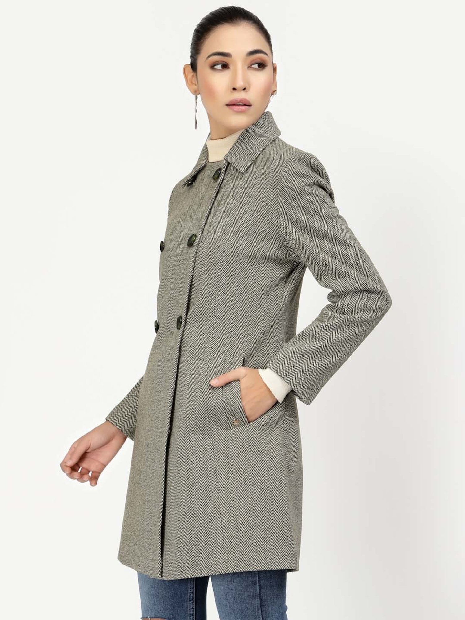 Juelle Green & White Self Design Over Coat