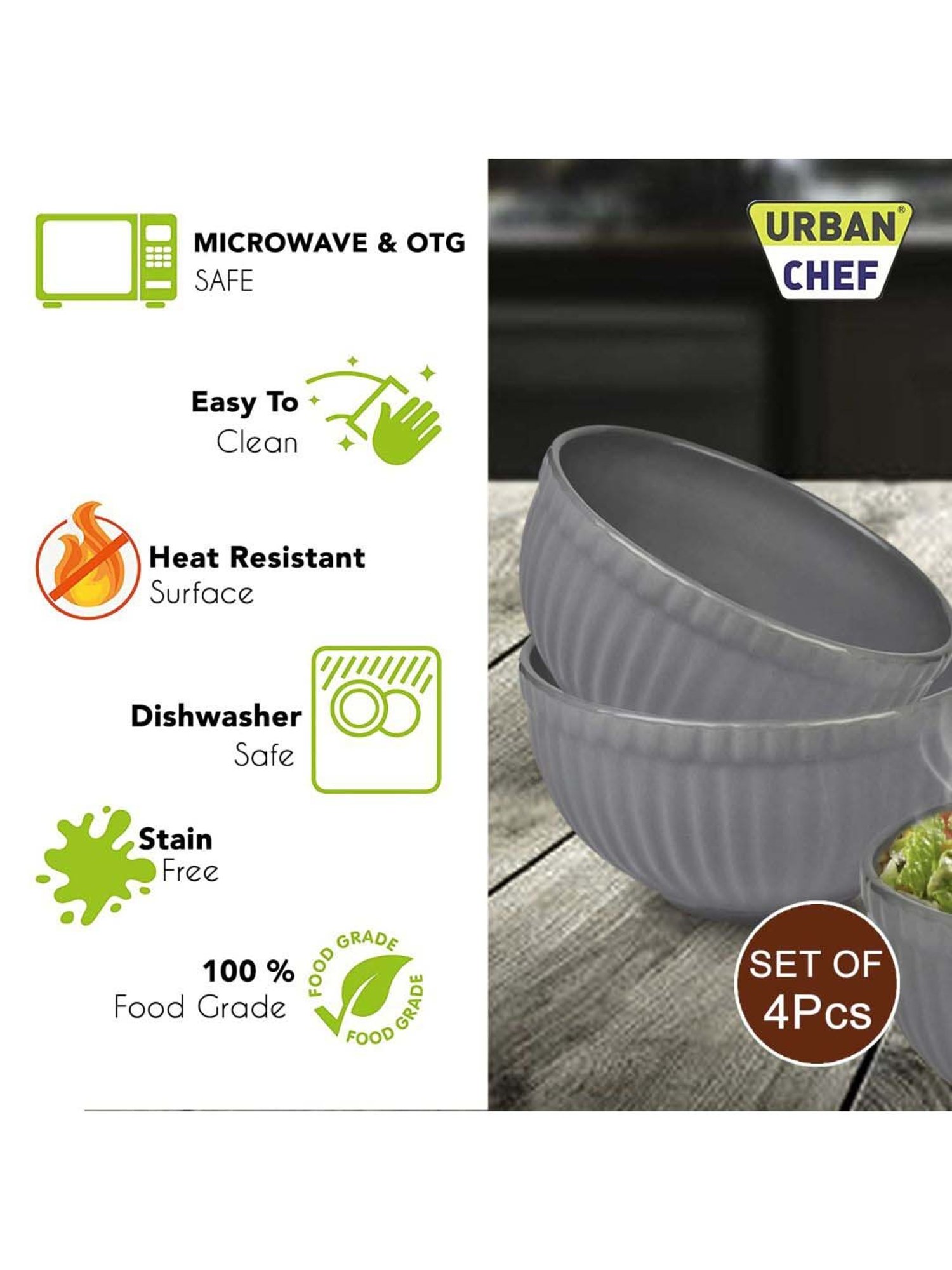 Urban Chef Grey Ceramic Handcrafted Microwave Safe Bowl - Set of 4