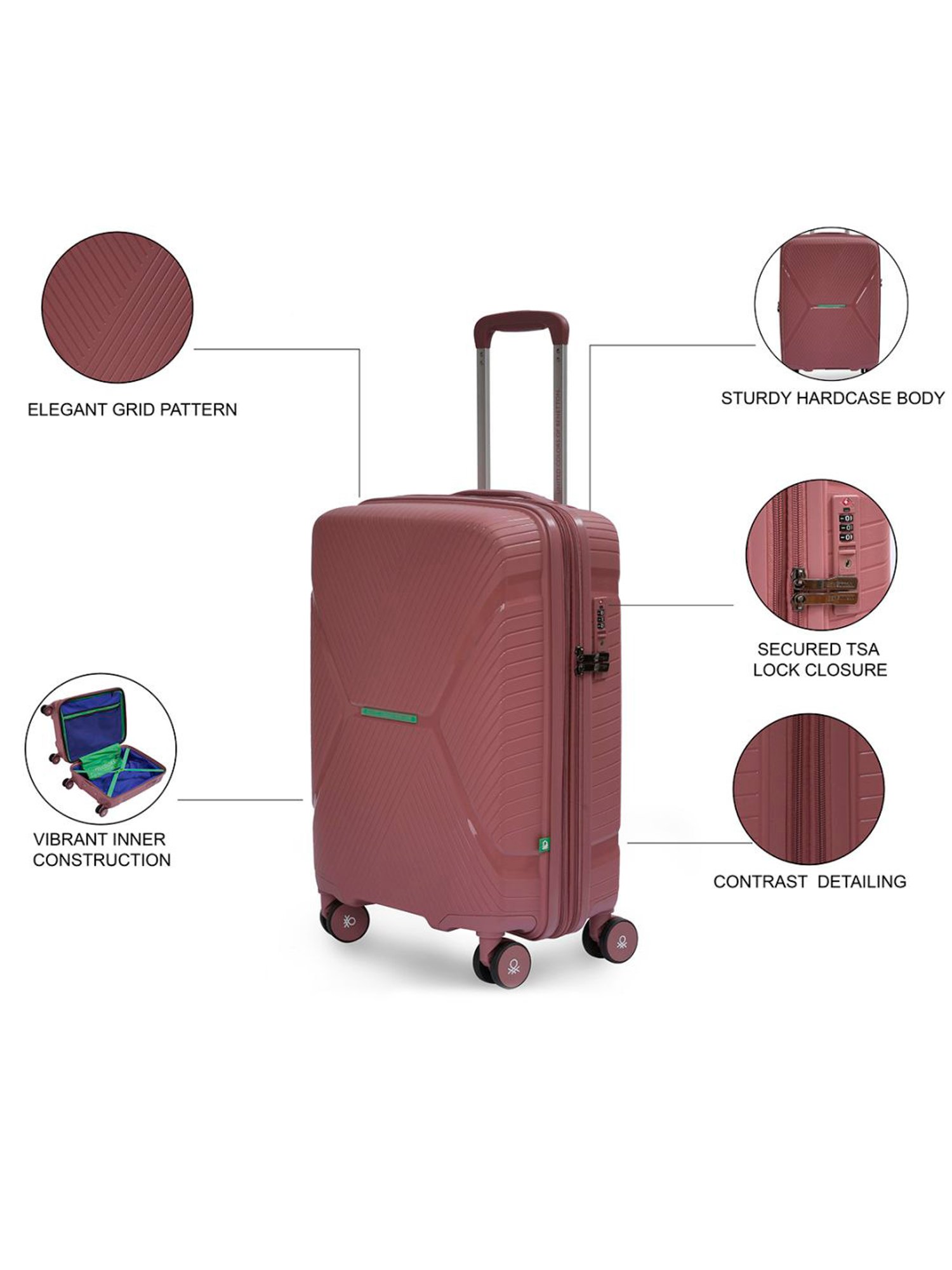 United Colors of Benetton Galaxy Pink Textured Hard Cabin Trolley Bag - 55 Cm