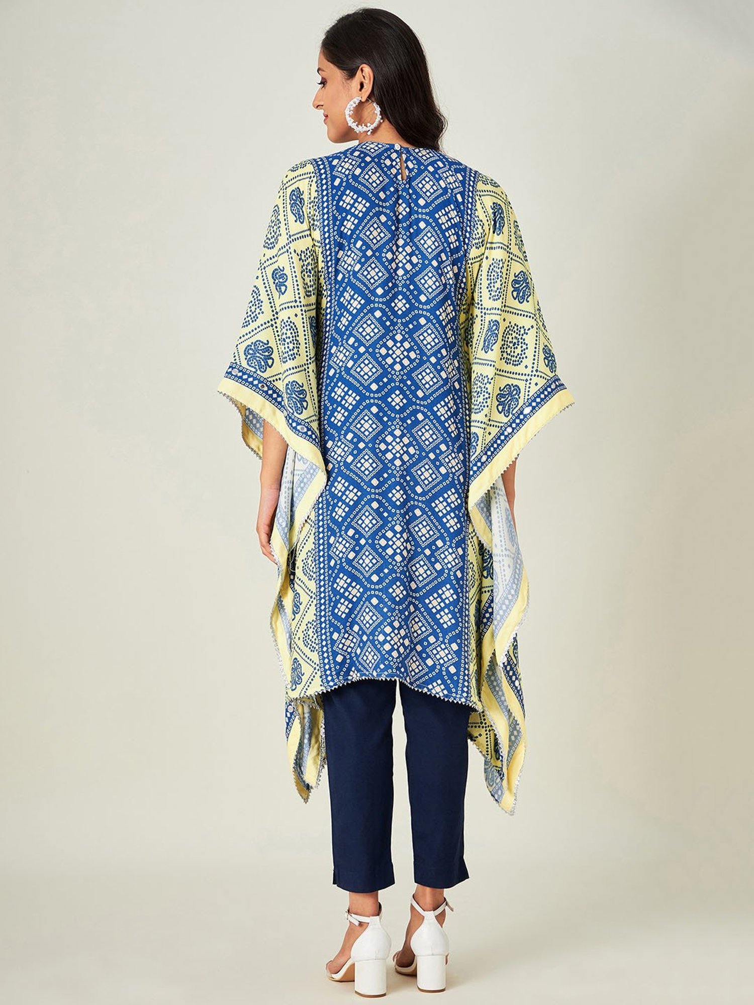 The Kaftan Company Blue & Yellow Bandhani A Line Kaftan Kurta