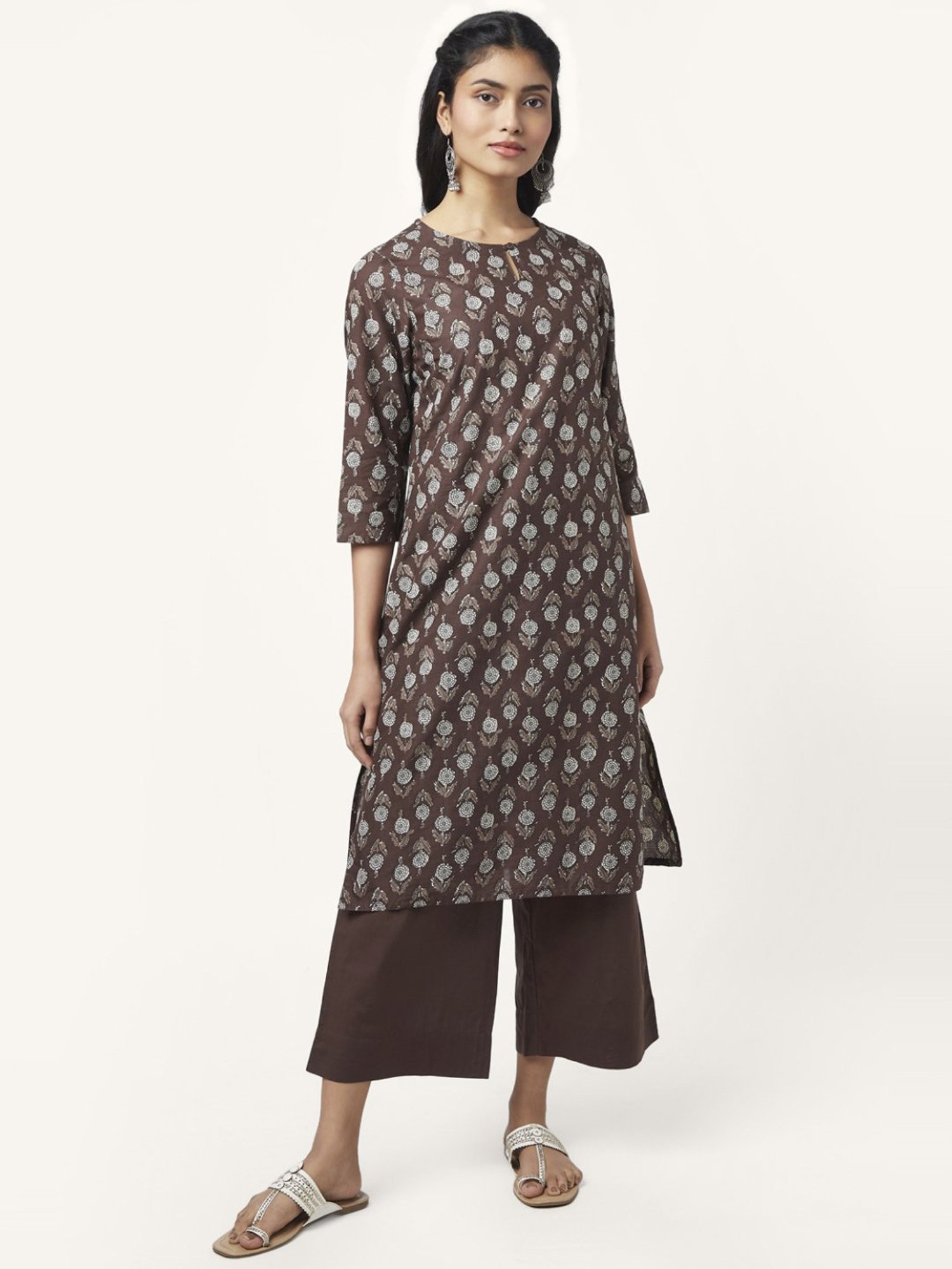 Rangmanch by Pantaloons Brown Cotton Floral Print Kurta Palazzo Set