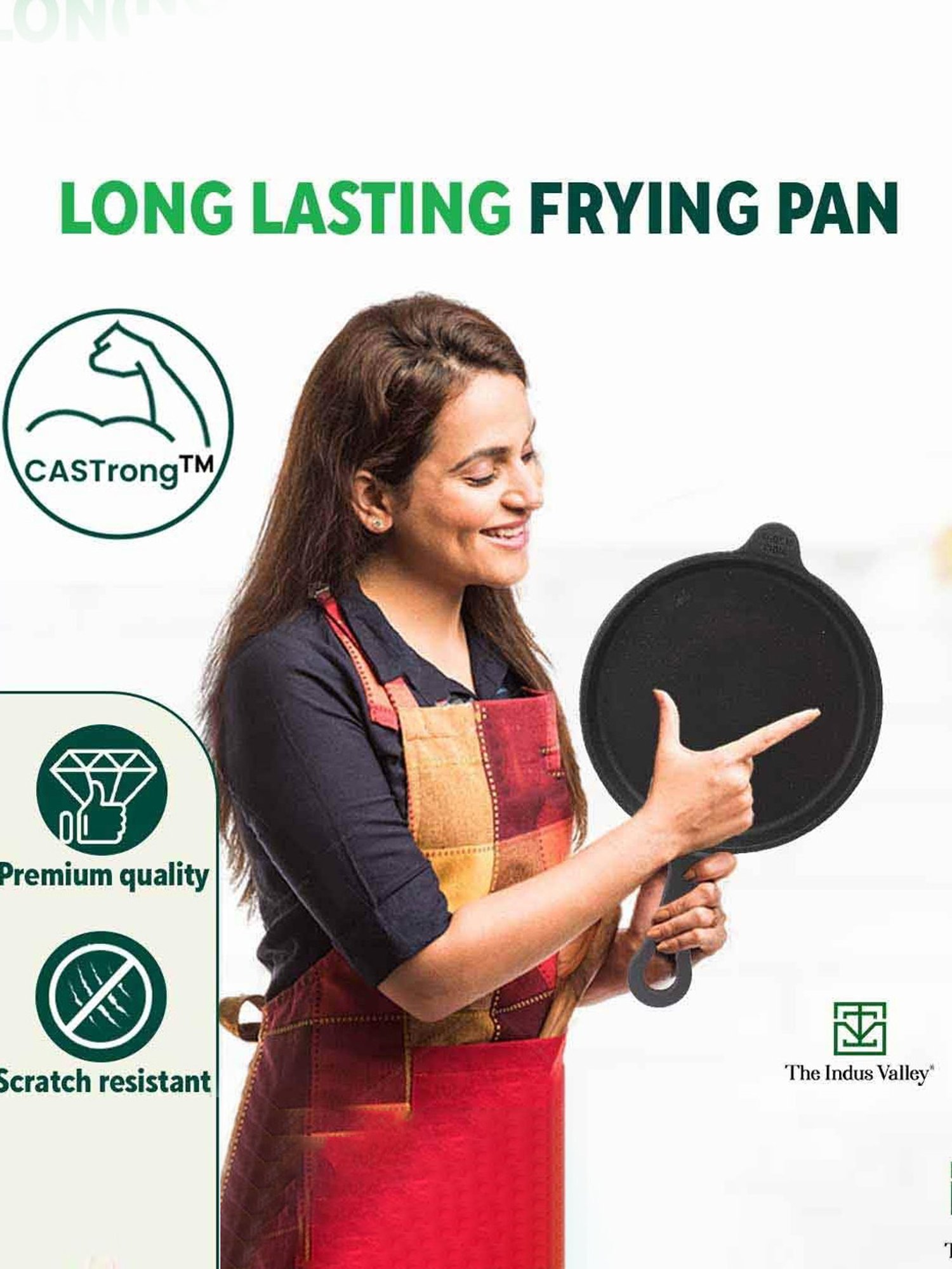 The Indus Valley Black Cast Iron Shallow Fry Pan with Long Loop Handle (25cm)