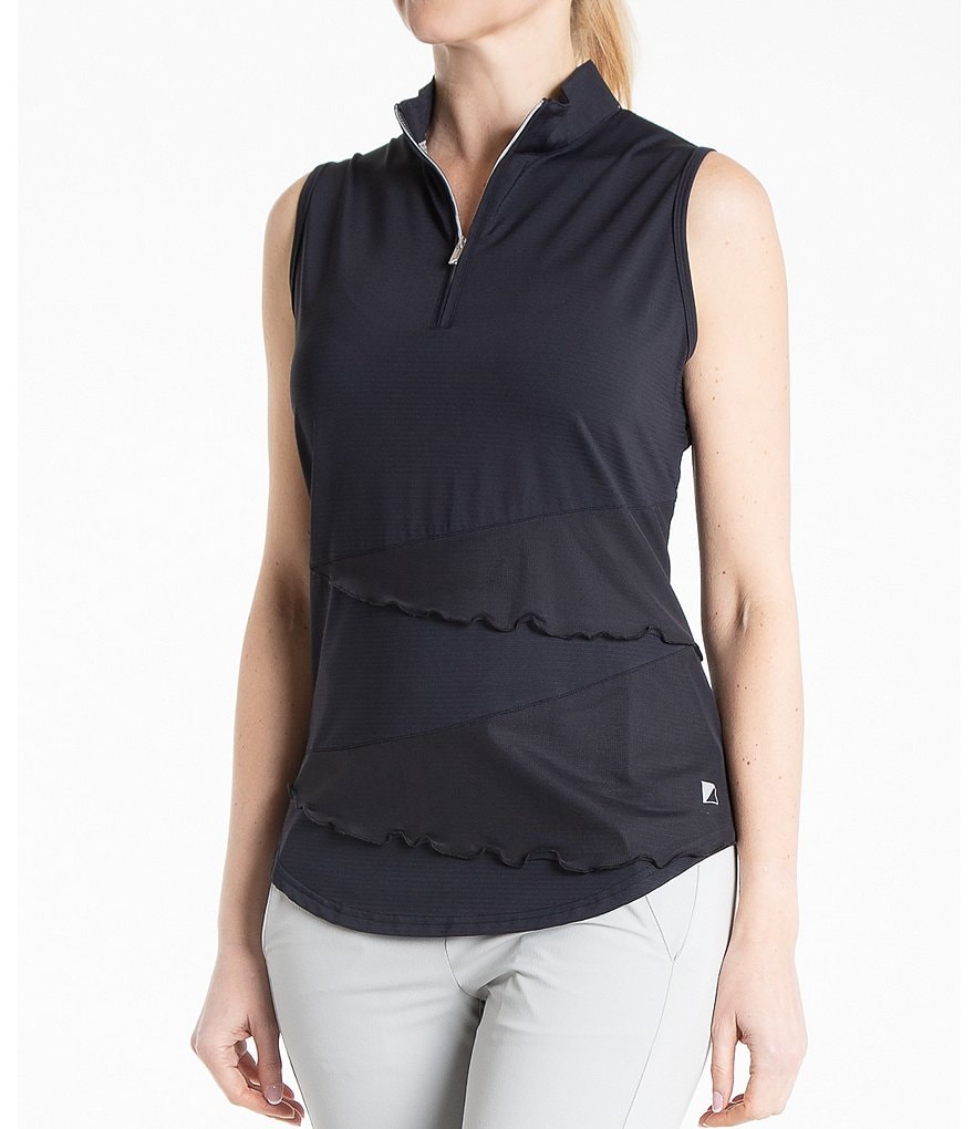 Bette & Court Synergy Sleeveless Quarter Zip Solid Polo Top