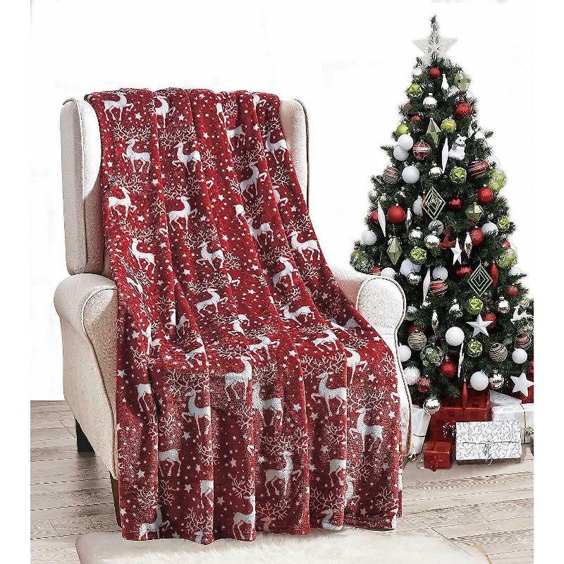 Kate Aurora Holiday Living Ultra Soft & Cozy Hypoallergenic Christmas Red Reindeer Plush Throw Blanket Cover